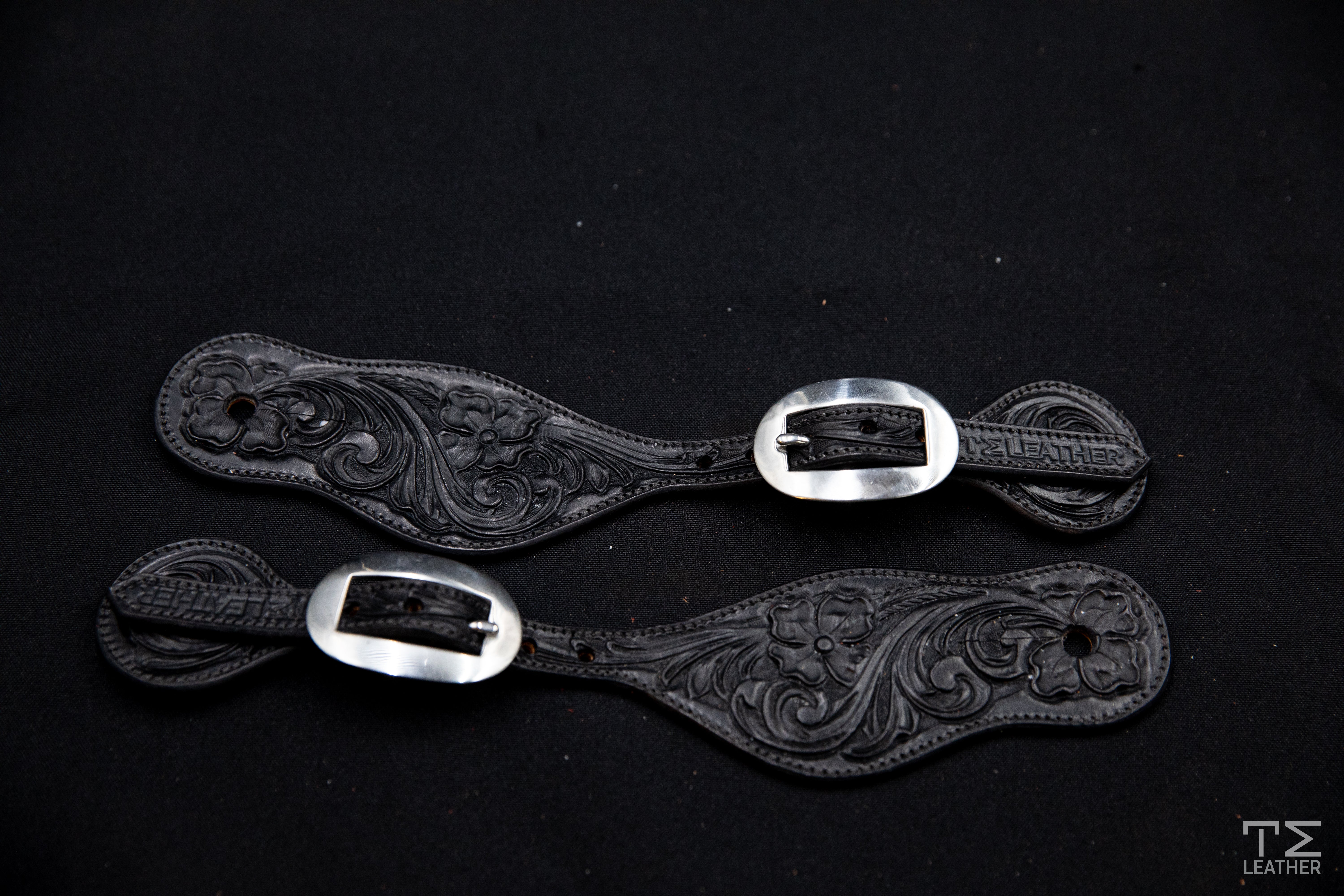 Black Small Floral Spur Straps w/ Plain Buckles