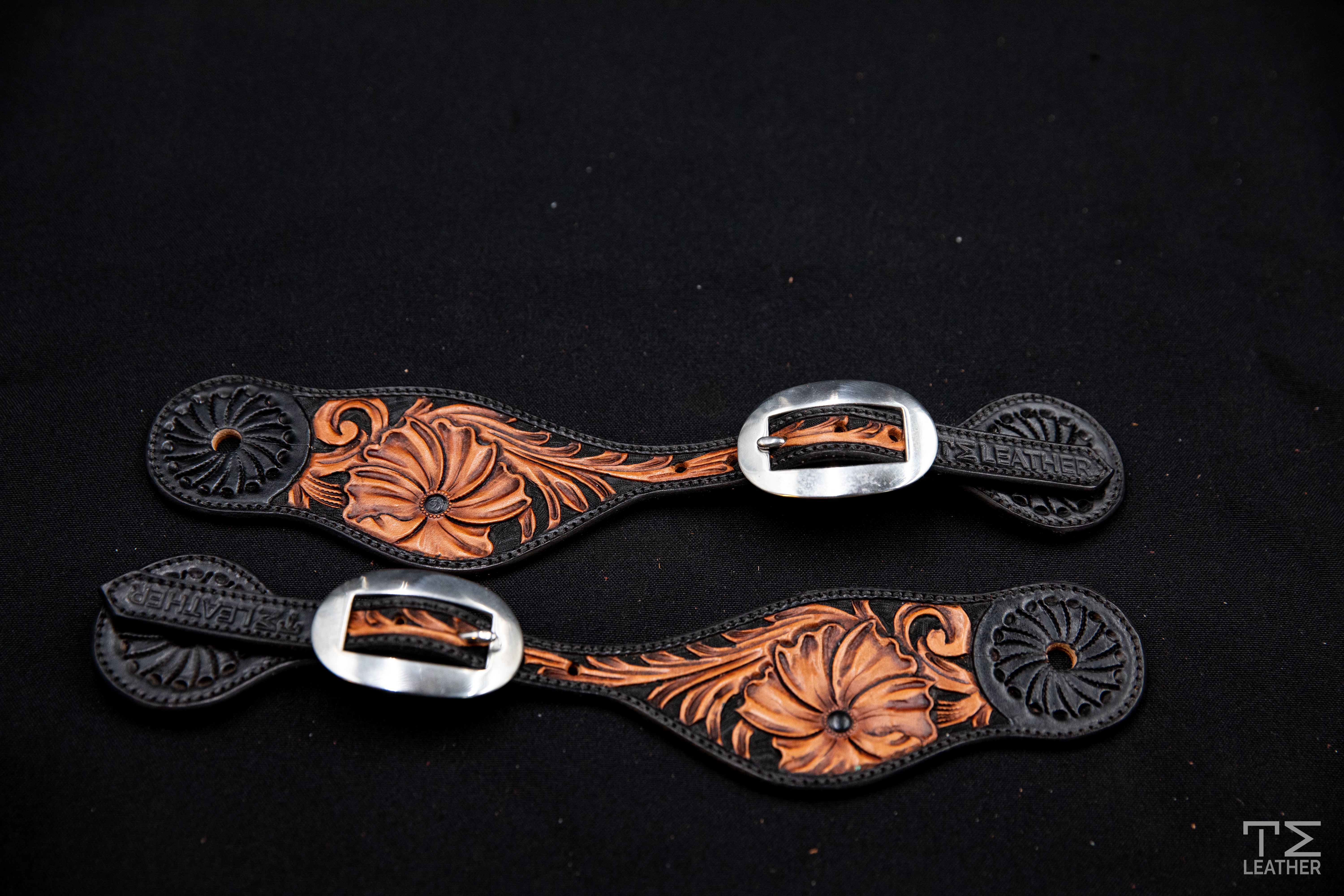 Black & Light Brown Small Floral Spur Straps w/ Plain Buckles