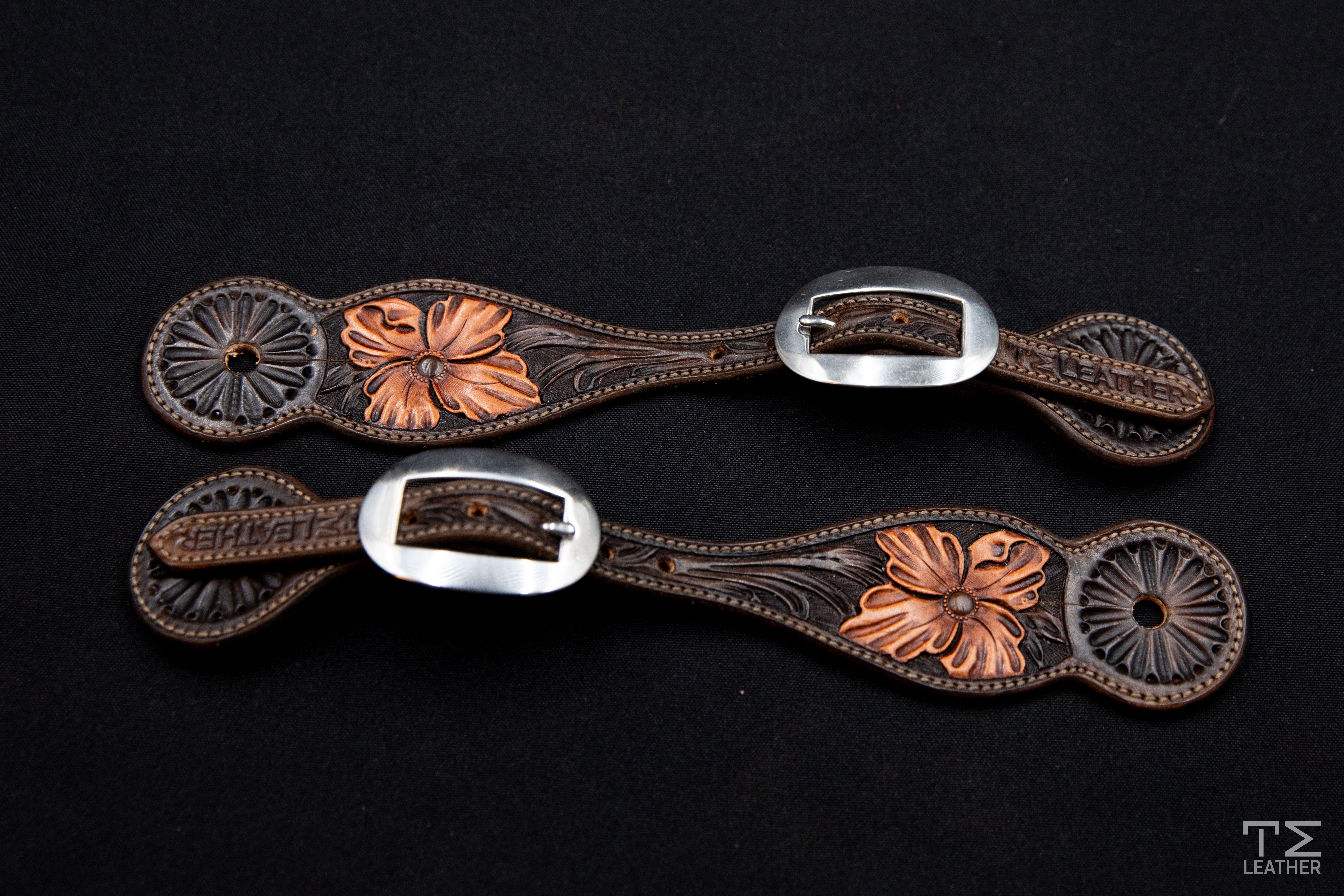 Chocolate & Light Brown Floral Spur Straps w/ Plain Buckles