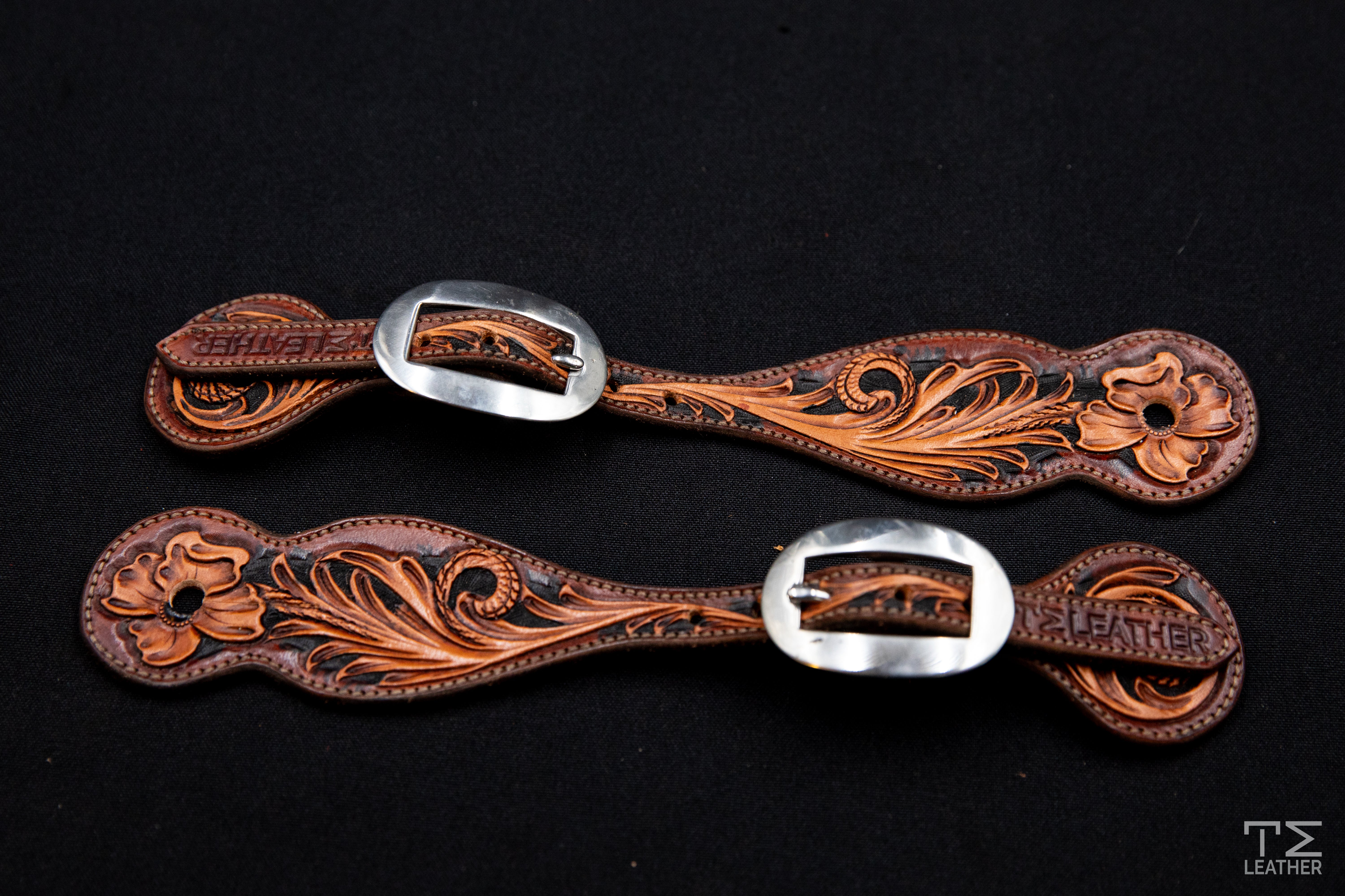 Mahogany, Light Brown, & Black Small Floral Spur Straps w/ Plain Buckles