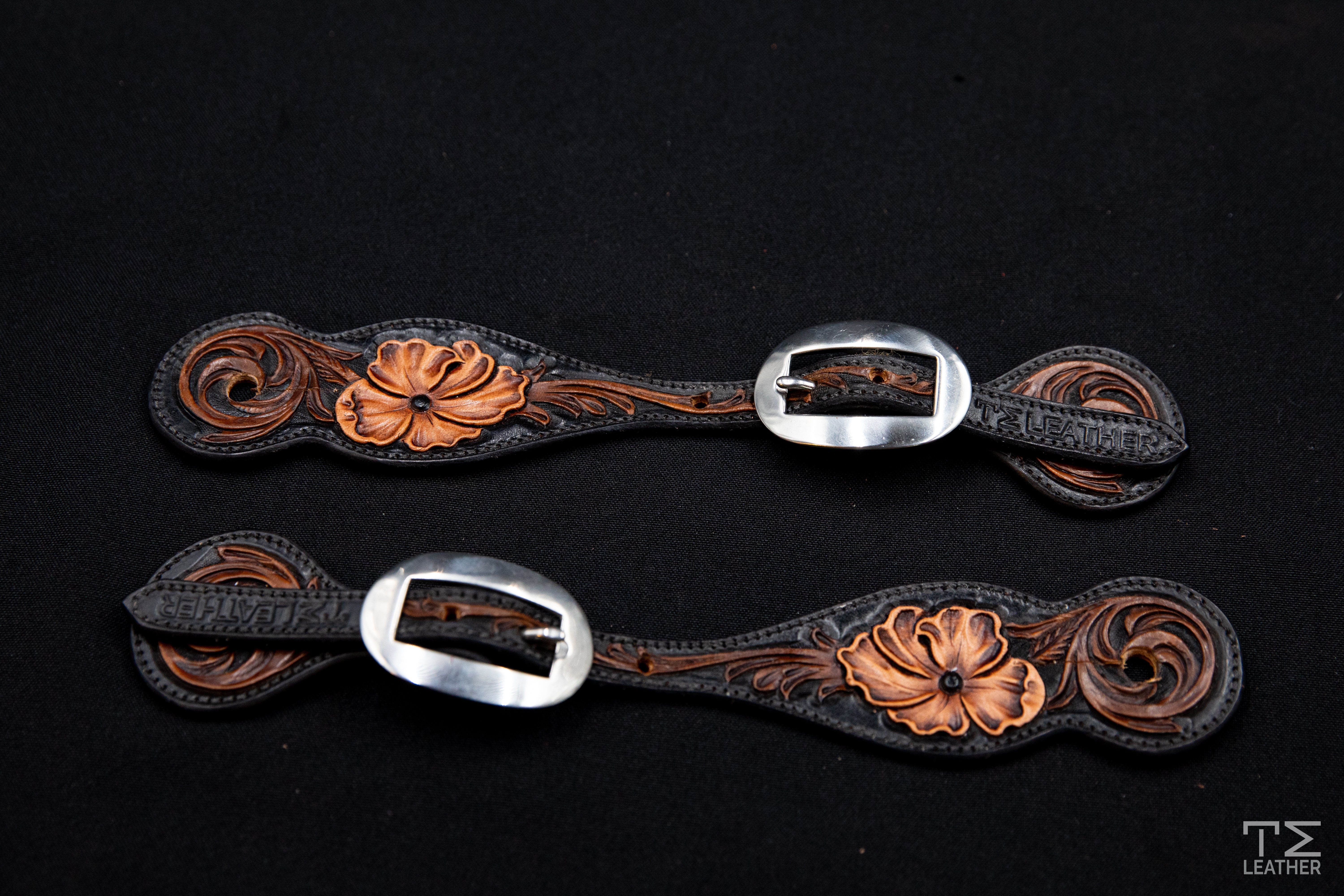 Black, Medium Brown & Light Brown Floral Spur Straps w/ Plain Buckles