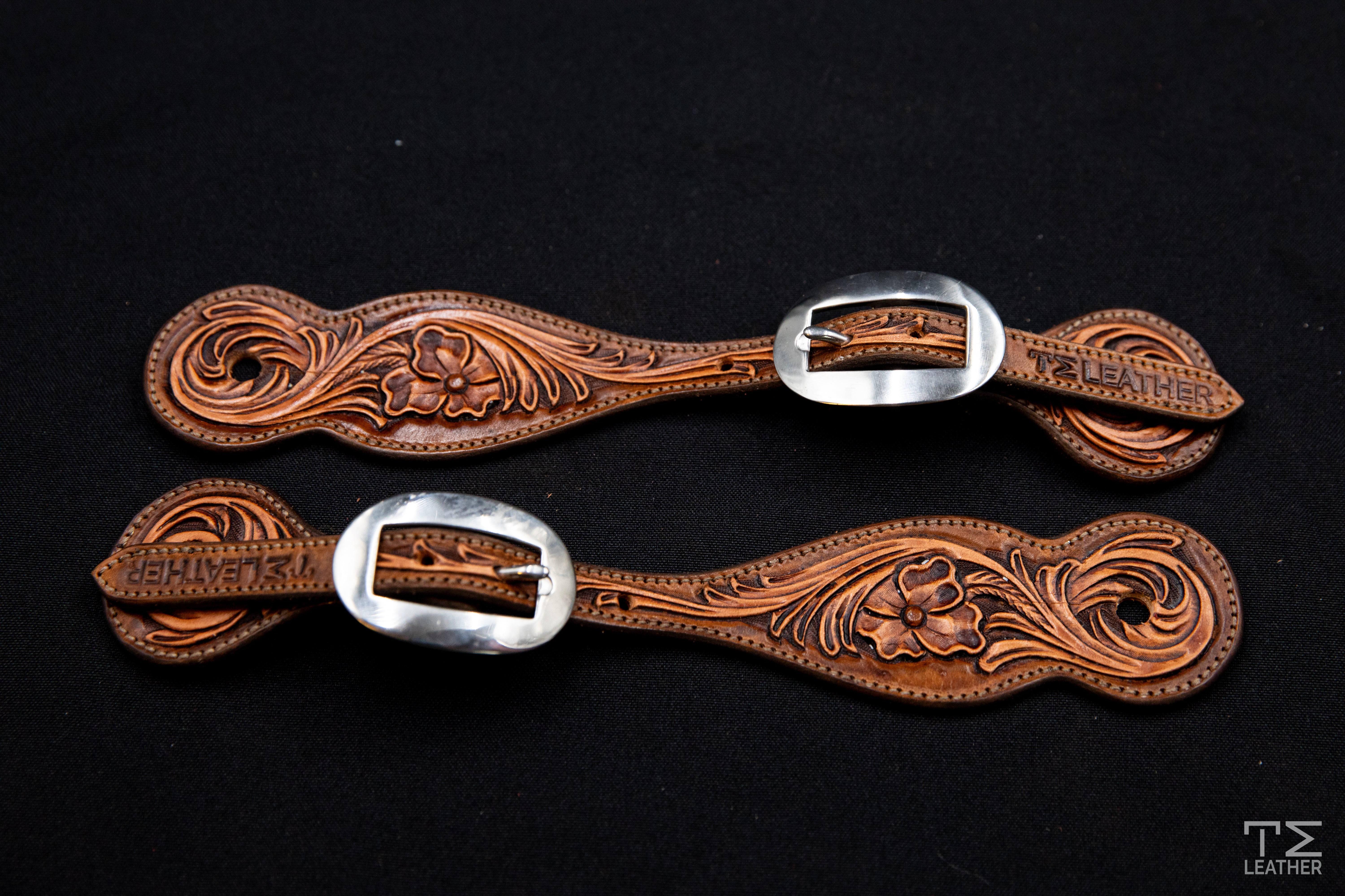 Medium Brown & Light Brown Small Floral Spur Straps w/ Plain Buckles