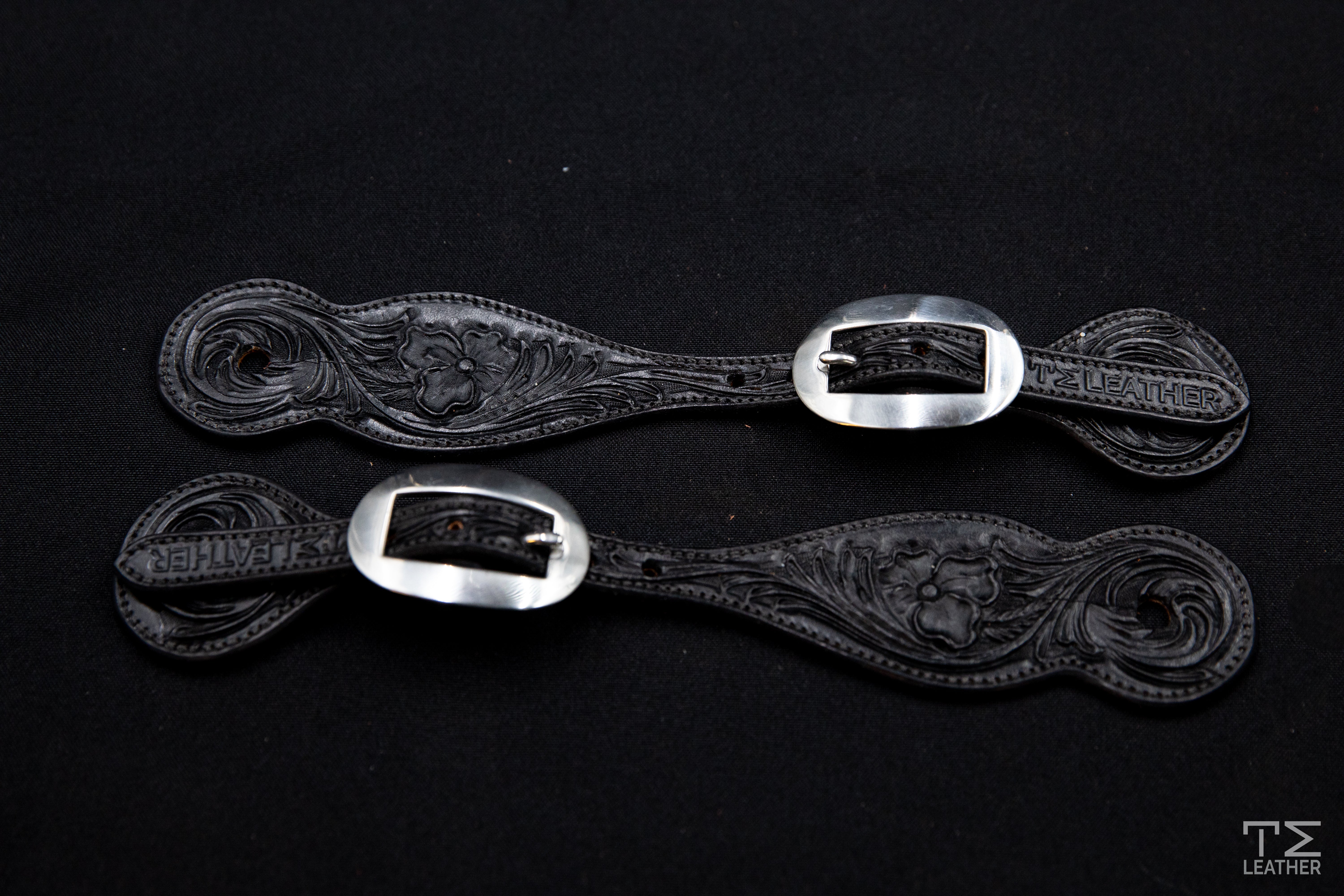 Black Small Floral Spur Straps w/ Plain Buckles