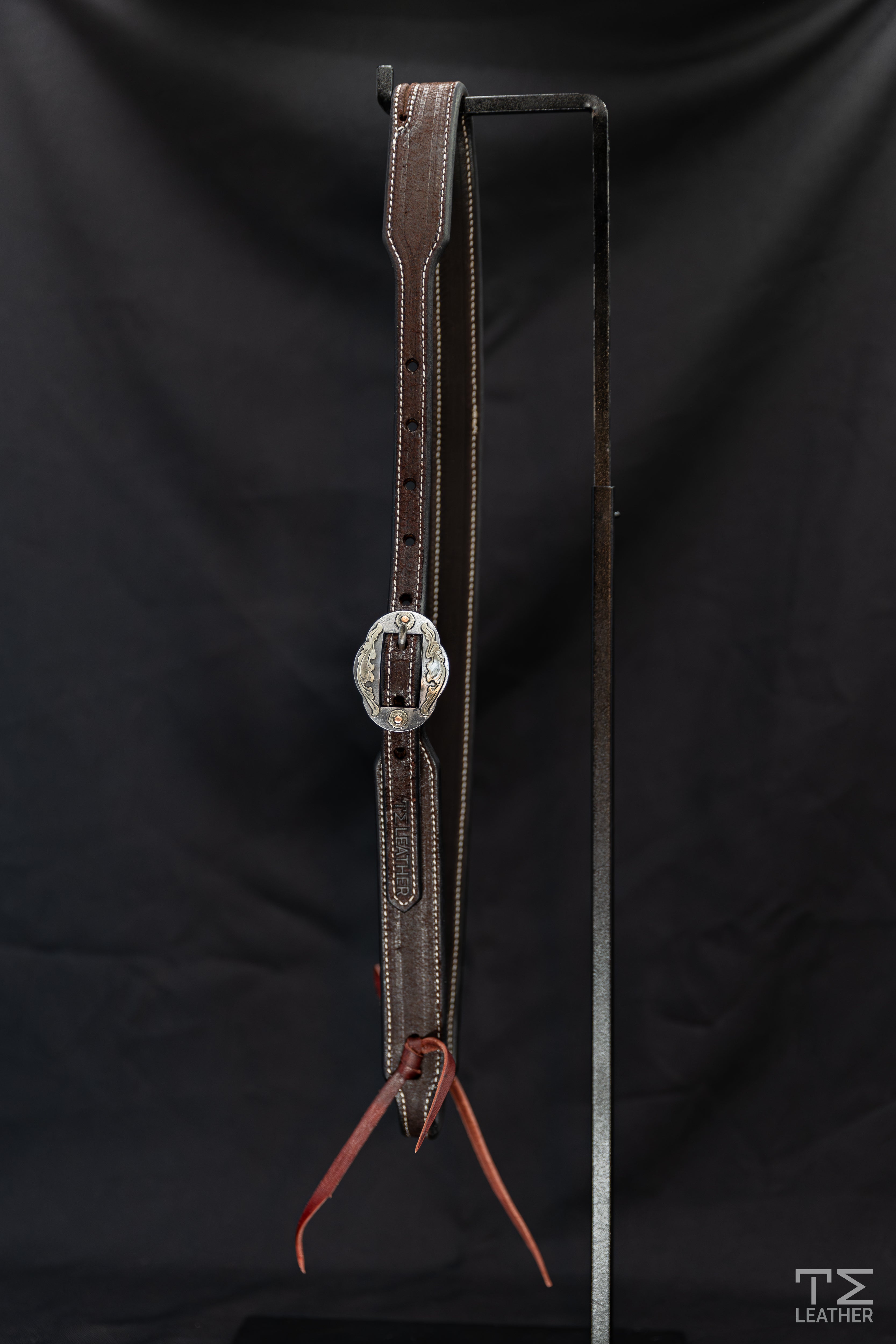 Working Slit Ear Chocolate Roughout w/ Silver Oval Floral/Copper Buckle