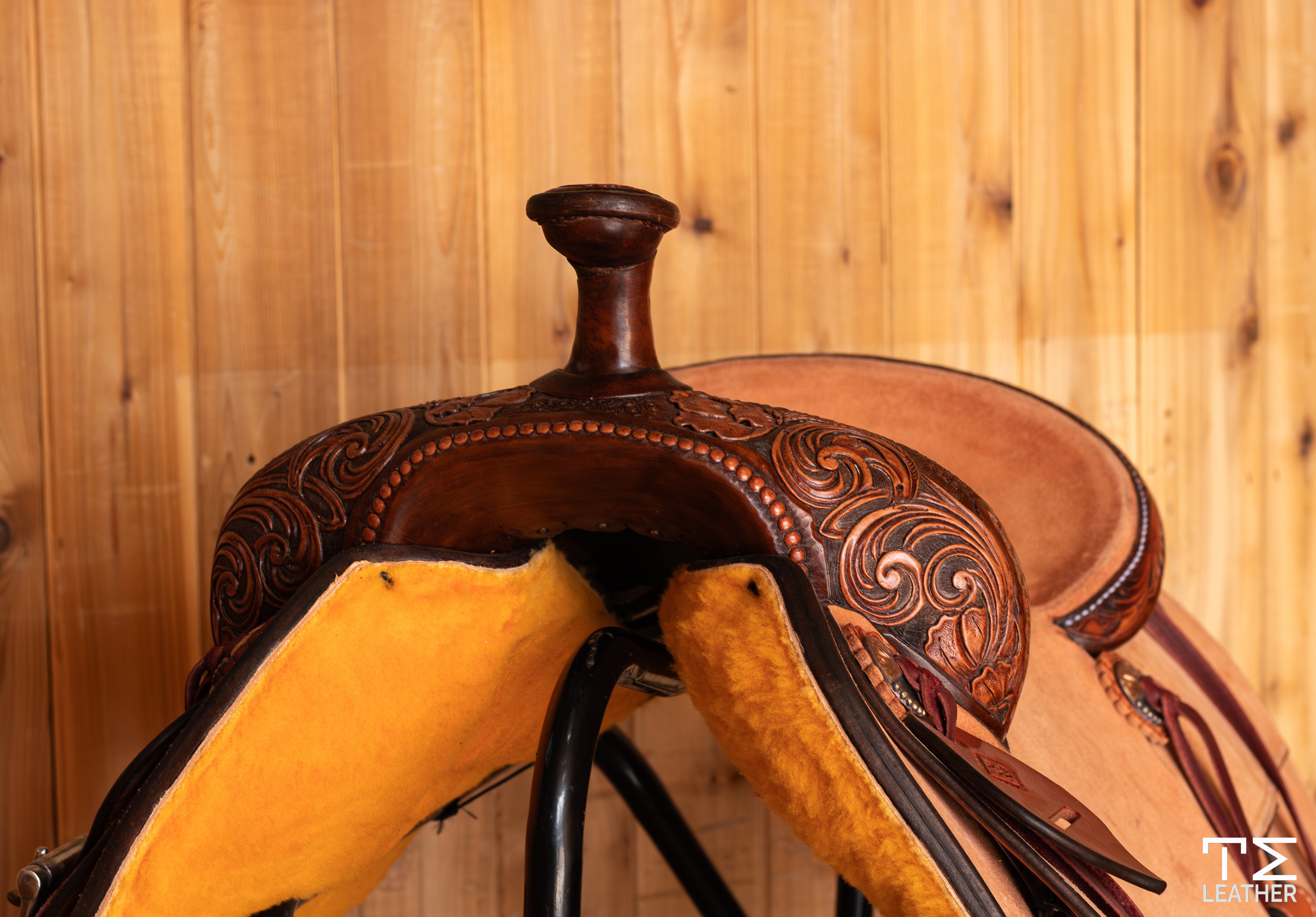 Ranch Cutter Saddle 16" Natural Roughout 1/4 Floral & Waffle Carved Two-Toned