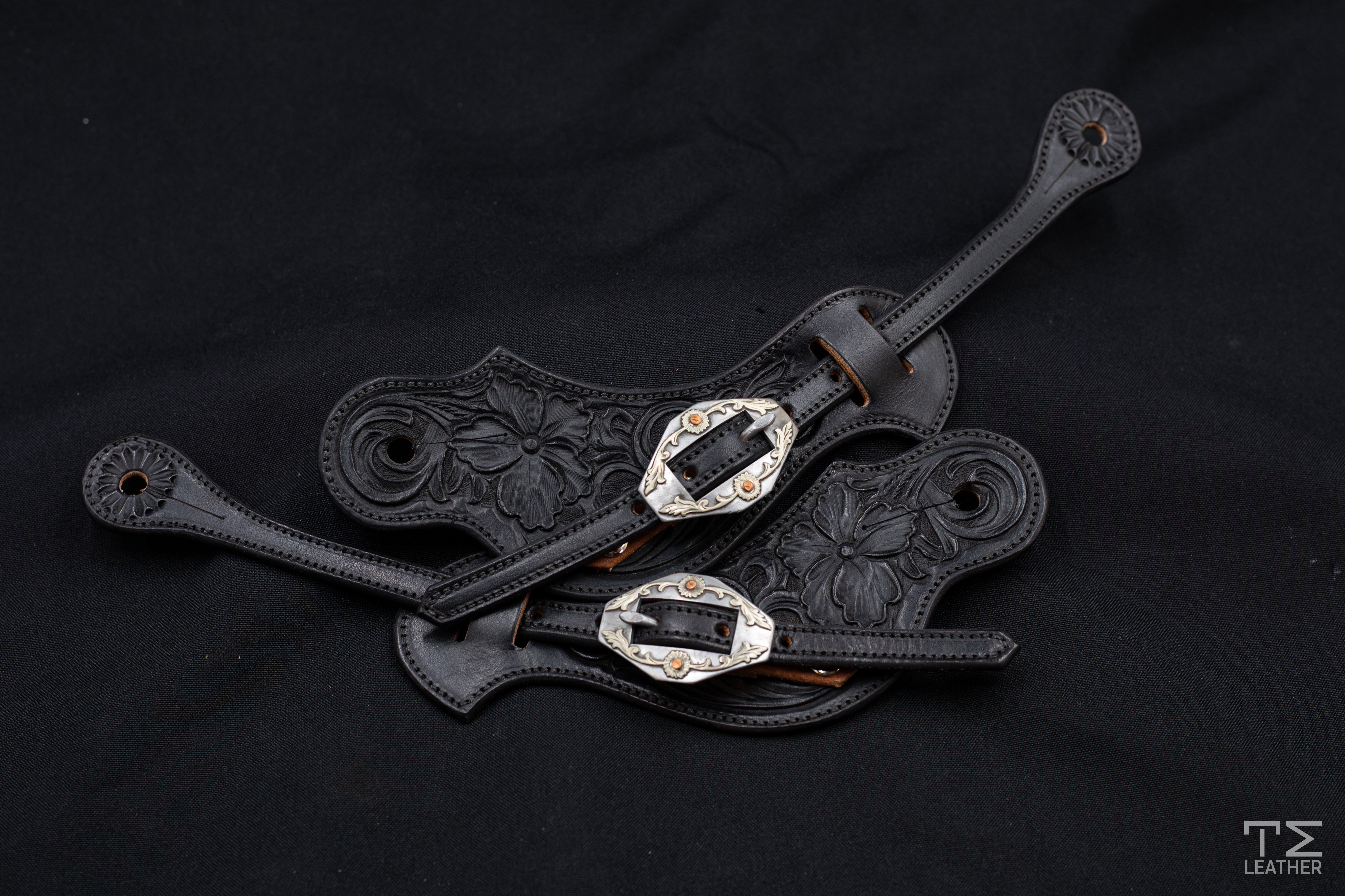 Black Medium Floral Spur Straps w/ Silver Floral Diamond Buckle