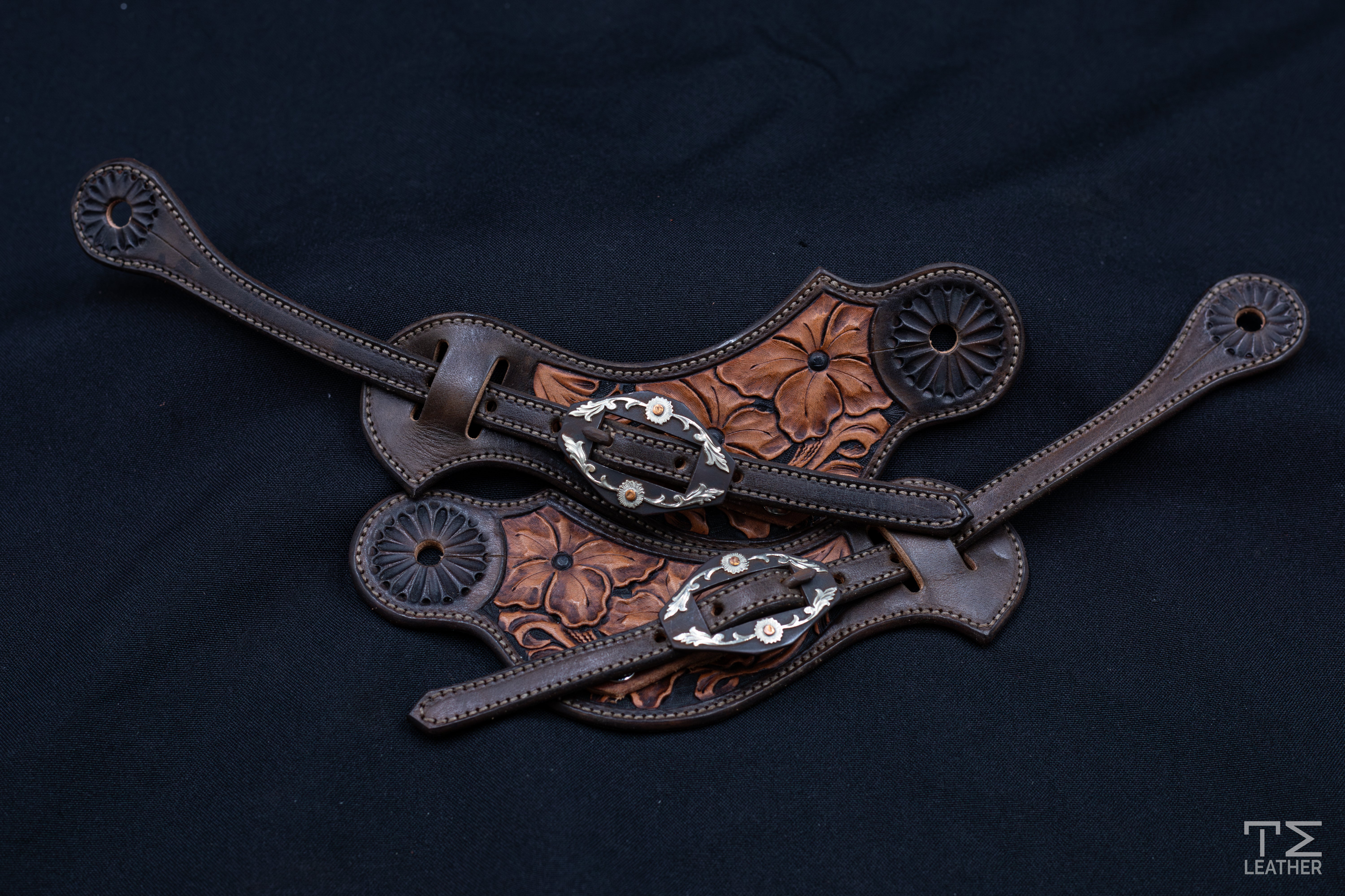 Chocolate & Light Brown Medium Floral Spur Straps w/ Browned Floral Diamond Buckle