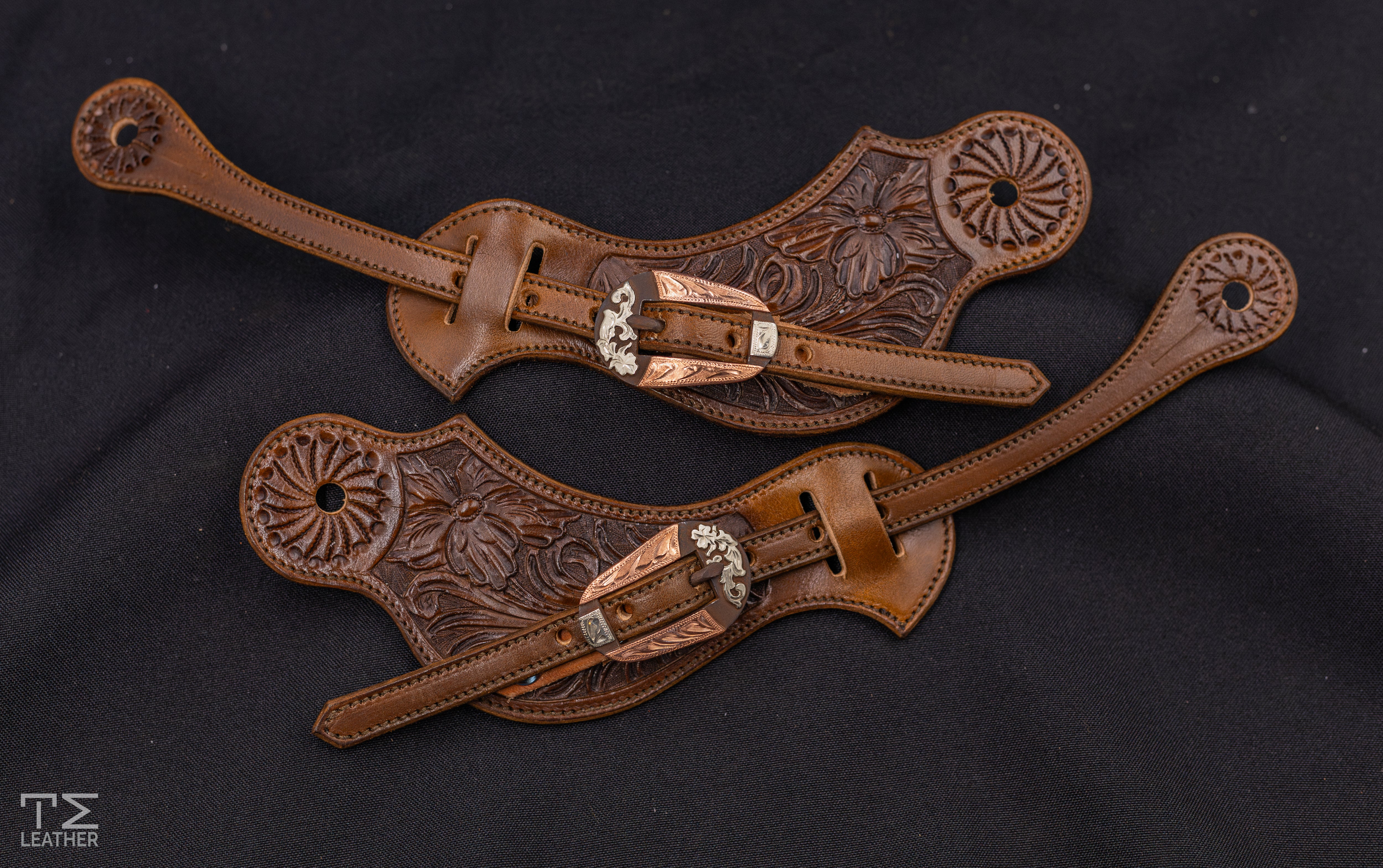 Chocolate Medium Floral Spur Straps w/ TM Leather Oval Browned Buckle