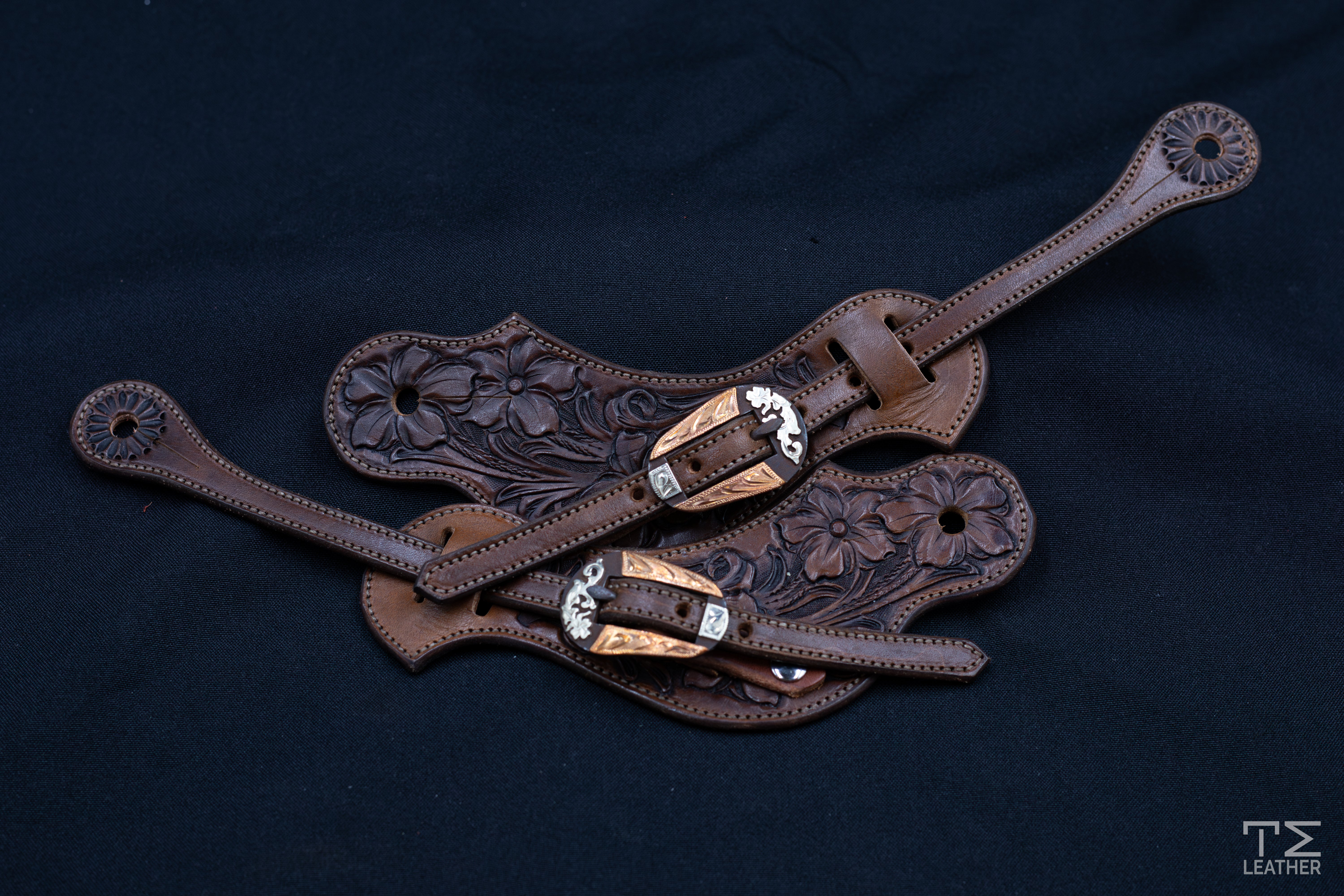 Chocolate Medium Floral Spur Straps w/ TM Leather Oval Browned Buckle