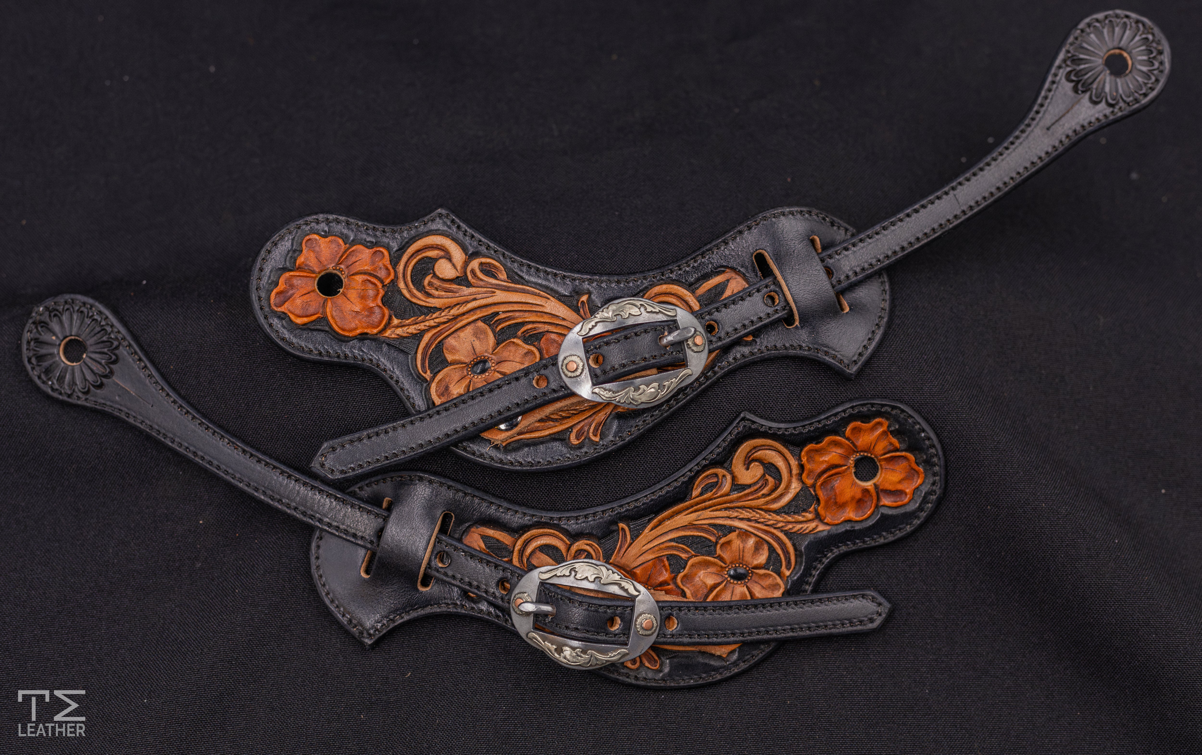 Black & Light Brown Medium Floral Spur Straps w/ Terracota Accents & Silver Oval Buckles w/ Copper Accents