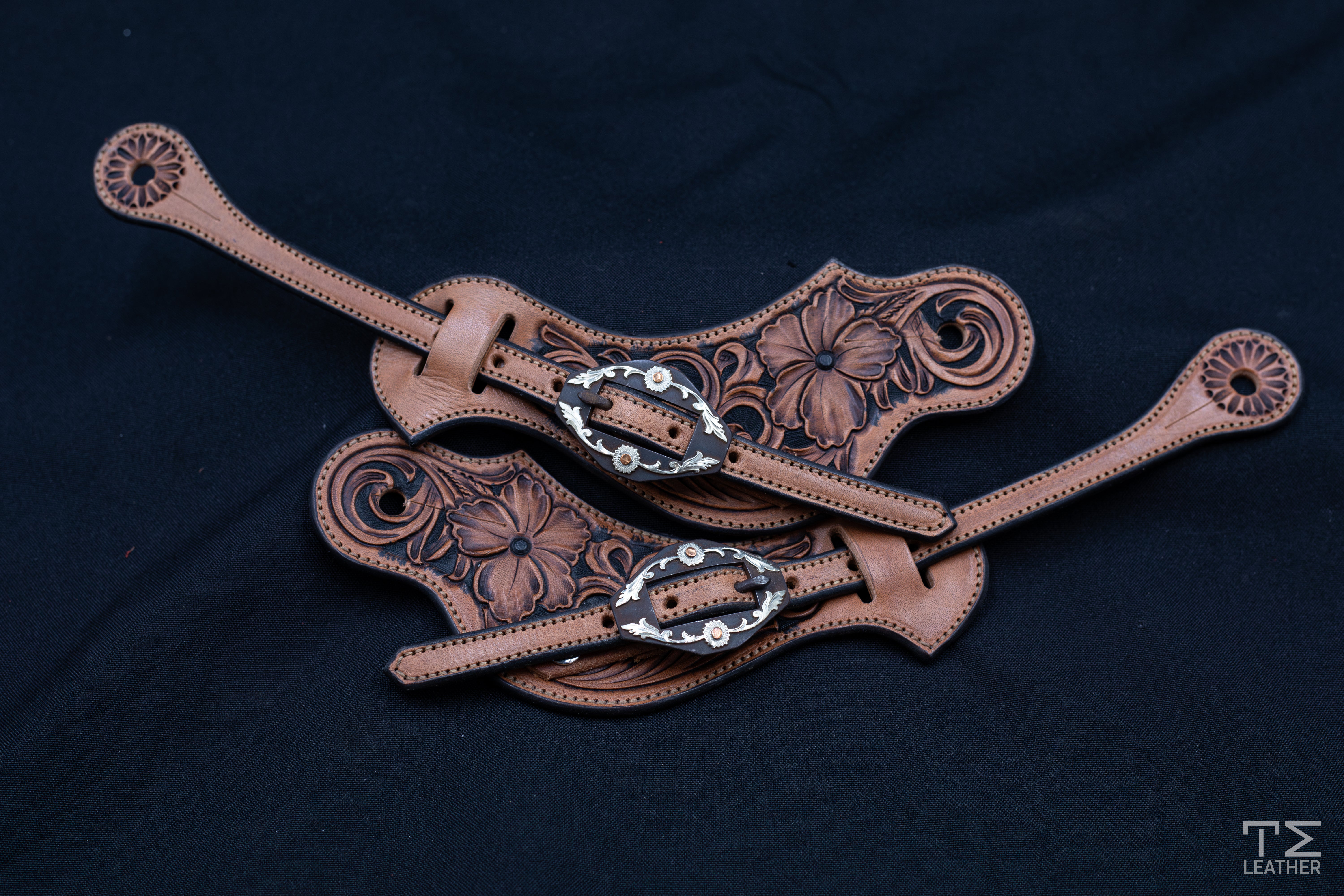 Saddle Tan & Black Medium Floral Spur Straps w/ Browned Floral Diamond Buckle