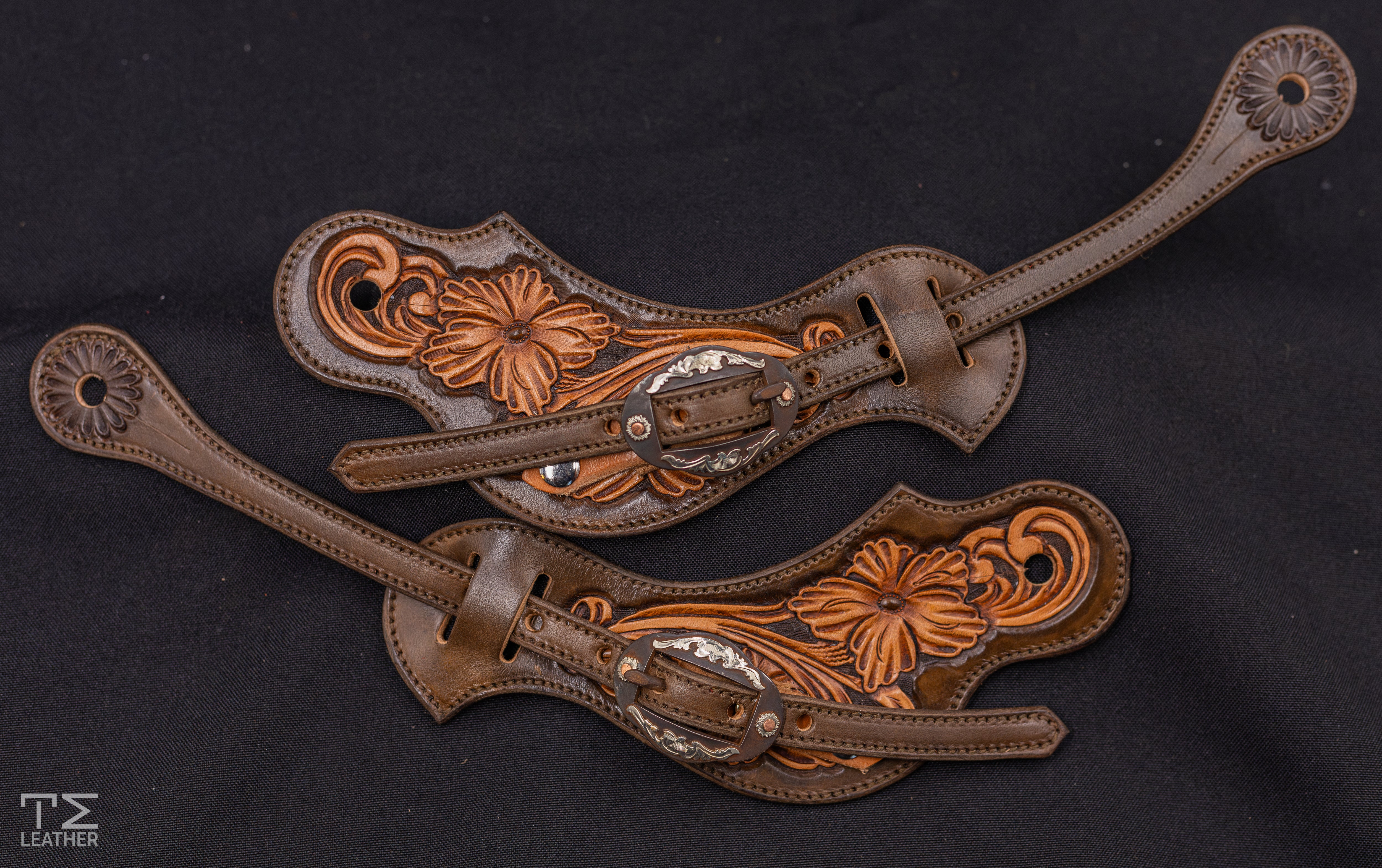 Chocolate & Light Brown Medium Floral Spur Straps w/ Browned Oval Buckles w/ Copper Accents