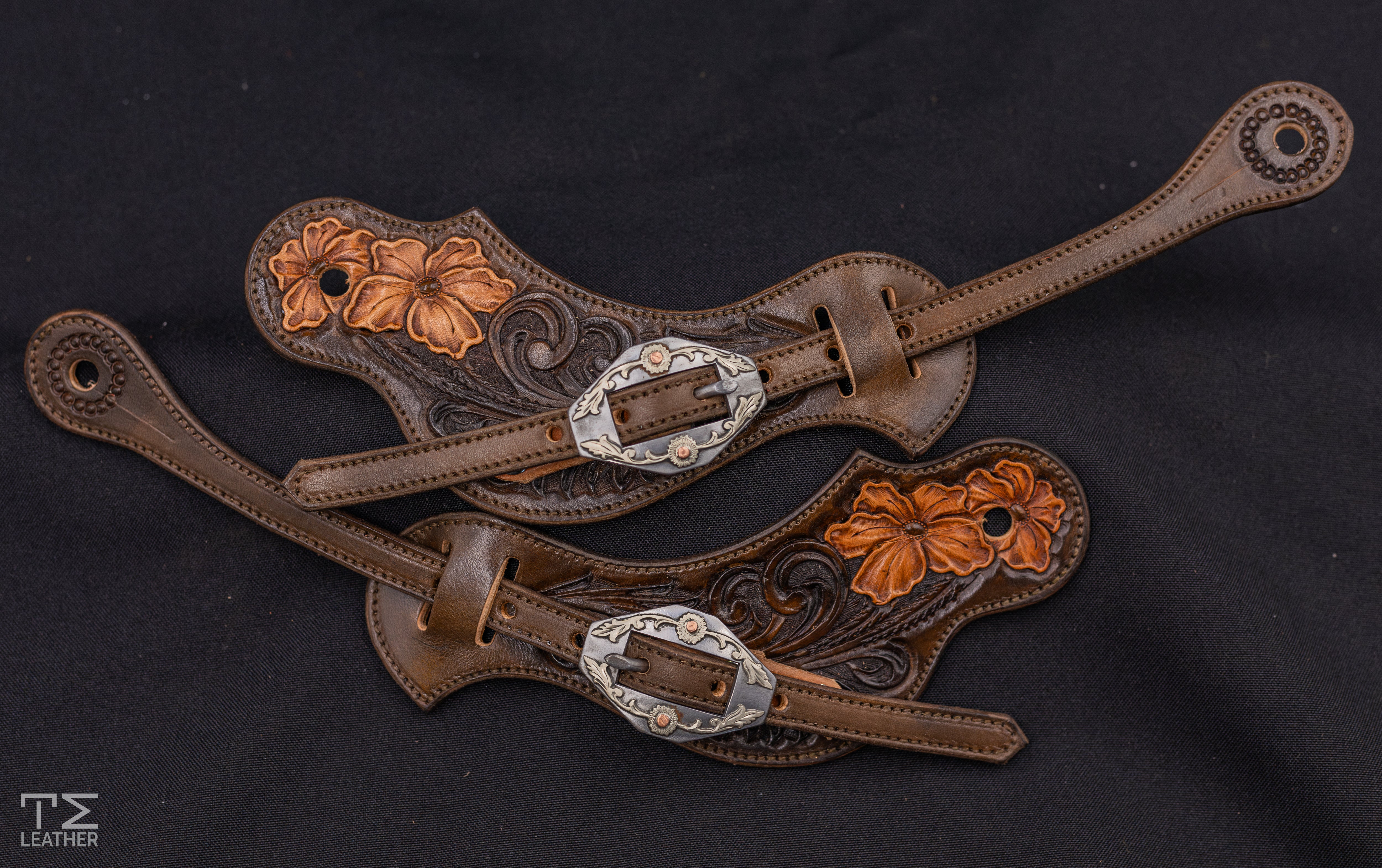 Chocolate & Light Brown Medium Floral Spur Straps w/ Silver Floral Diamond Buckle w/ Copper Accents