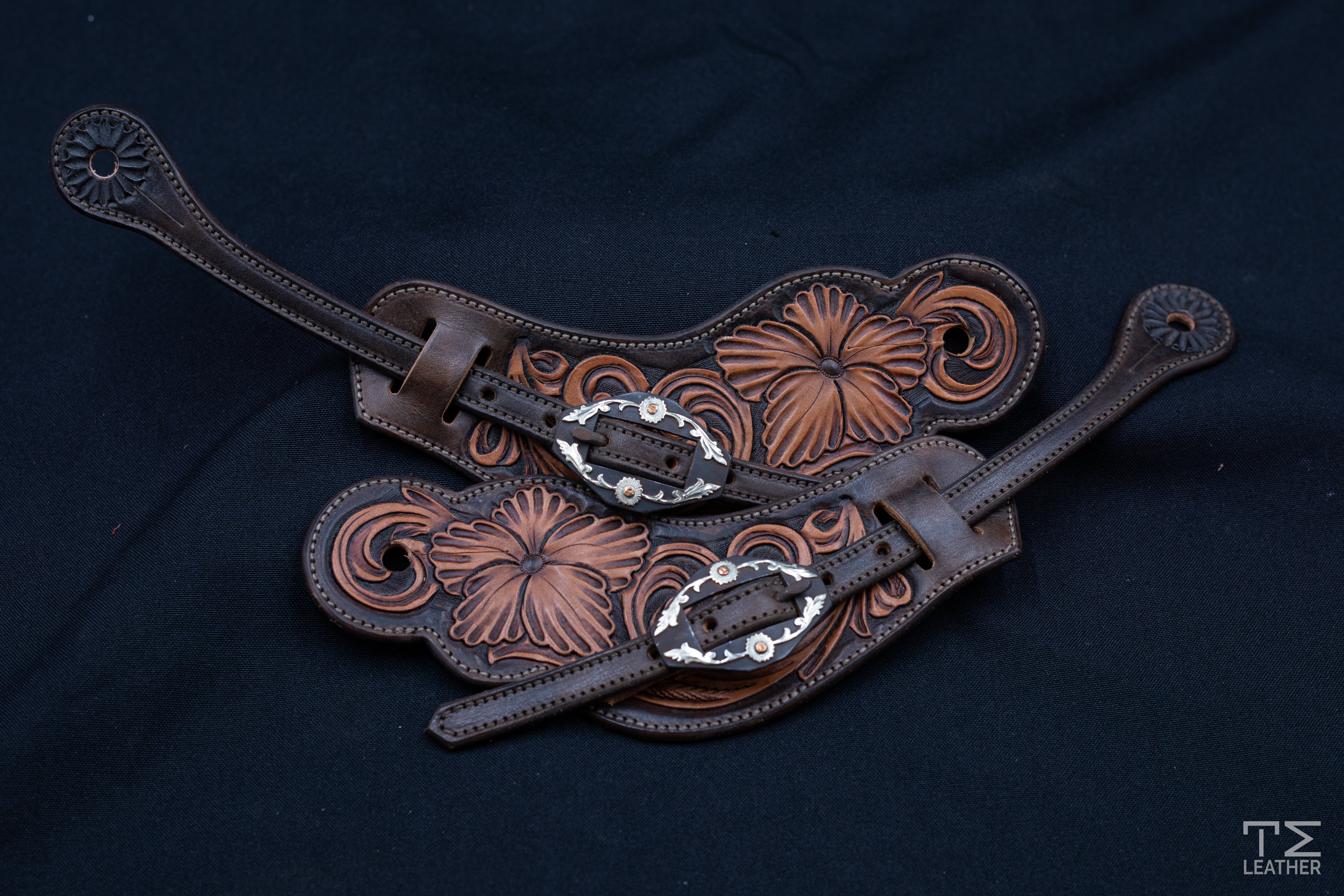 Chocolate & Light Brown Large Floral Spur Straps w/ Browned Floral Diamond Buckle