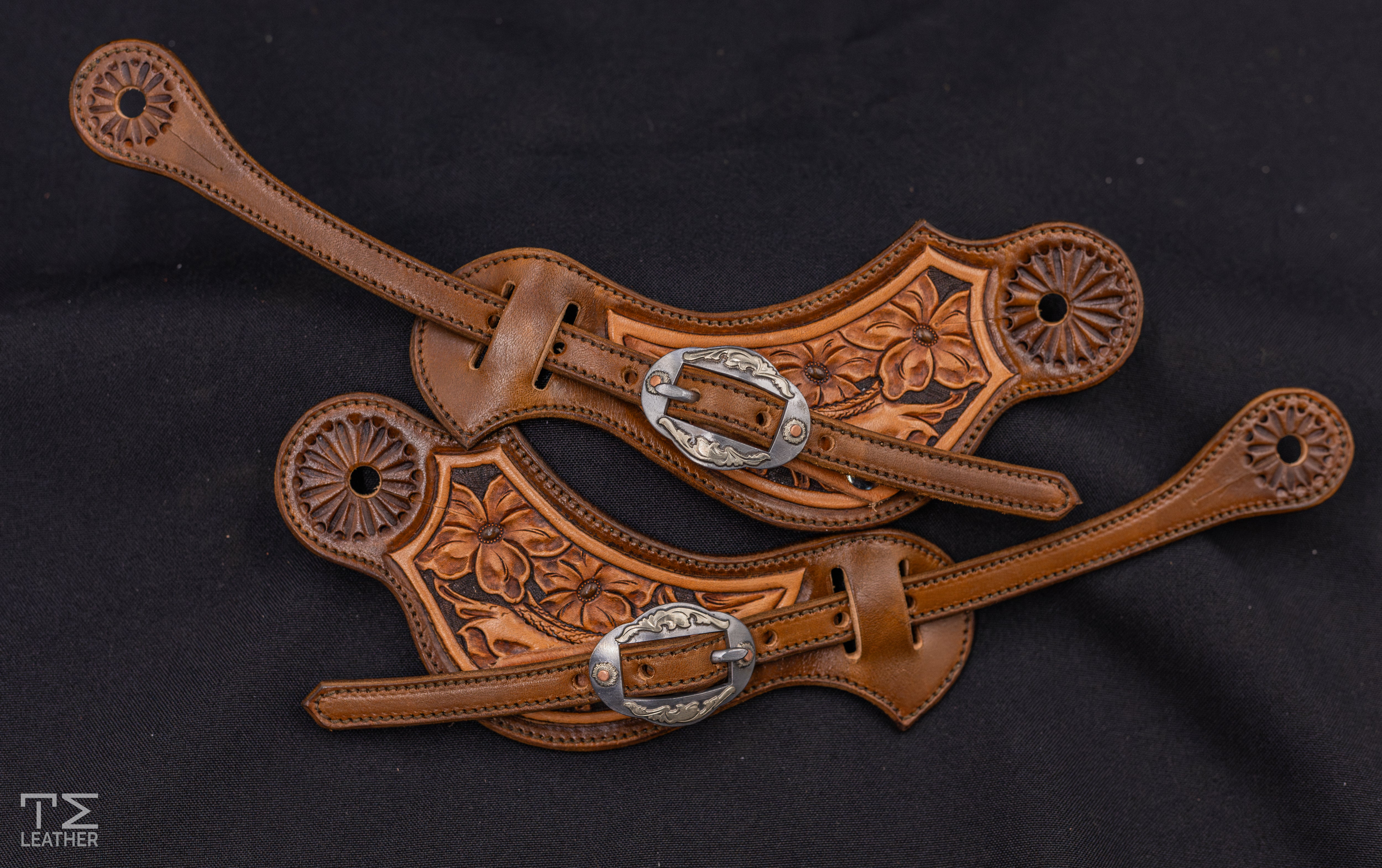 Walnut, Chocolate & Light Brown Medium Floral Spur Straps w/ Terracota Accents & Silver Oval Buckles w/ Copper Accents