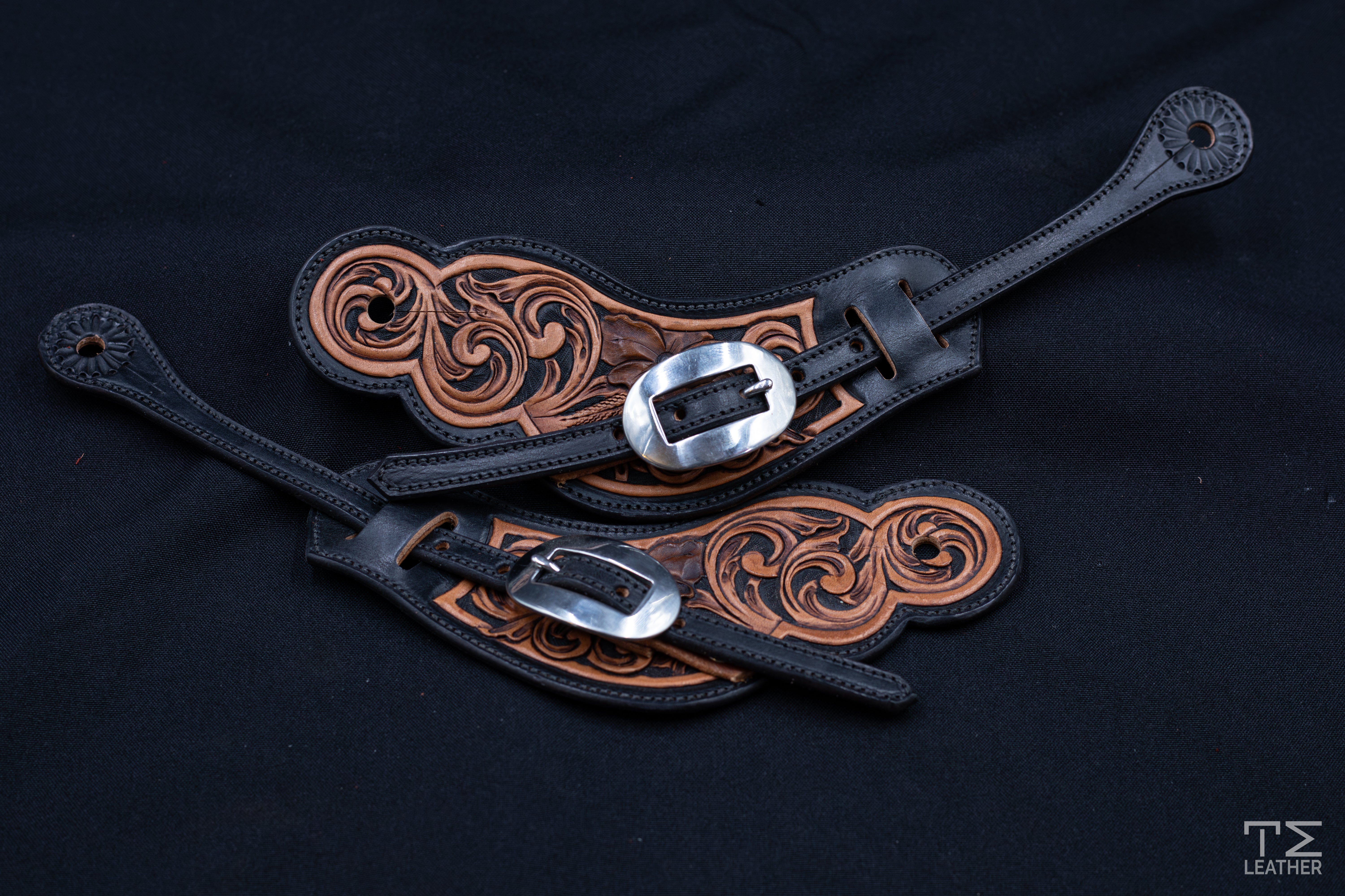 Black & Light Brown Large Floral Spur Straps w/ Plain Oval Buckles