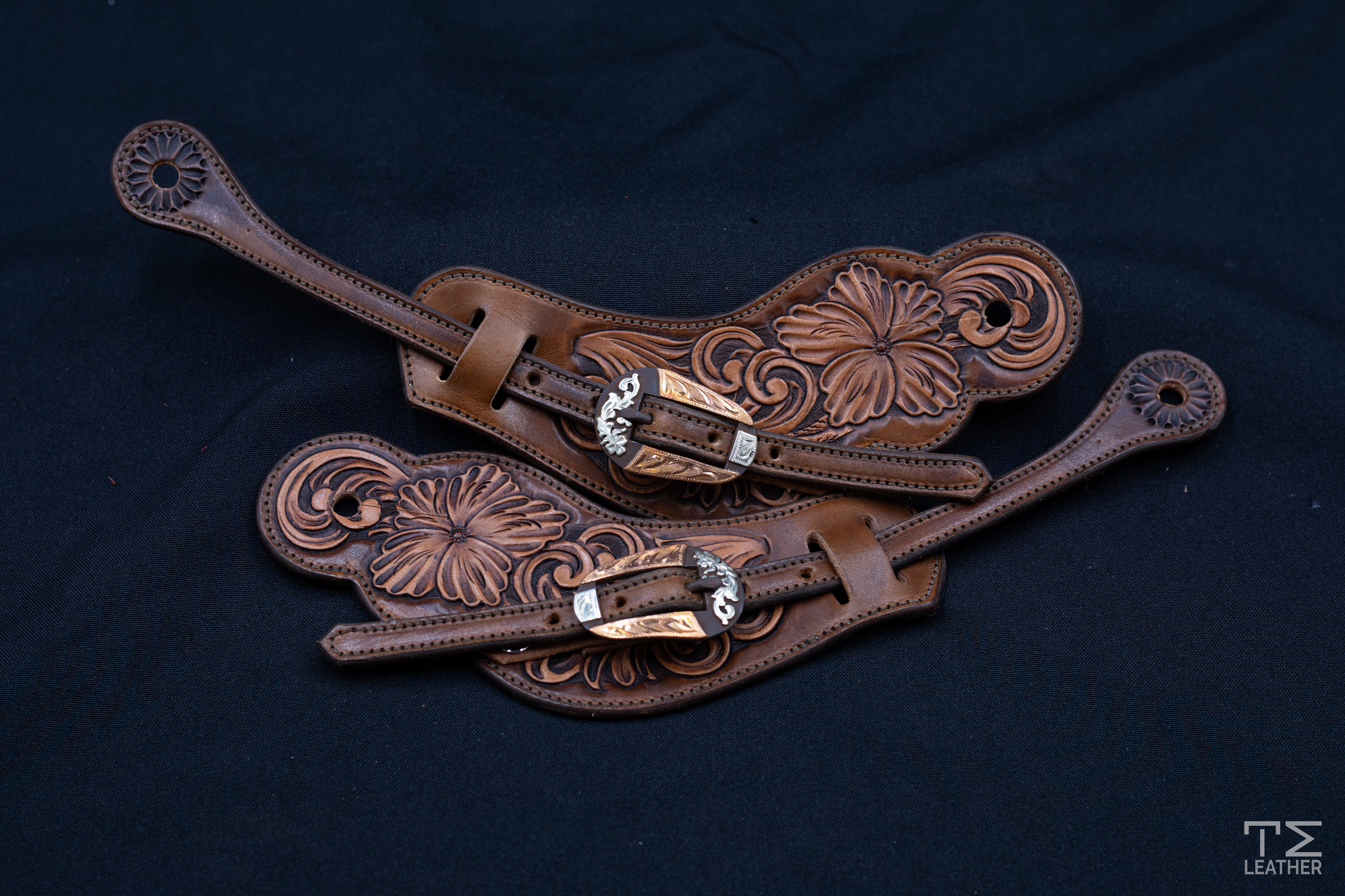 Light Brown & Chocolate Large Floral Spur Straps w/ TM Leather Oval Browned Buckle