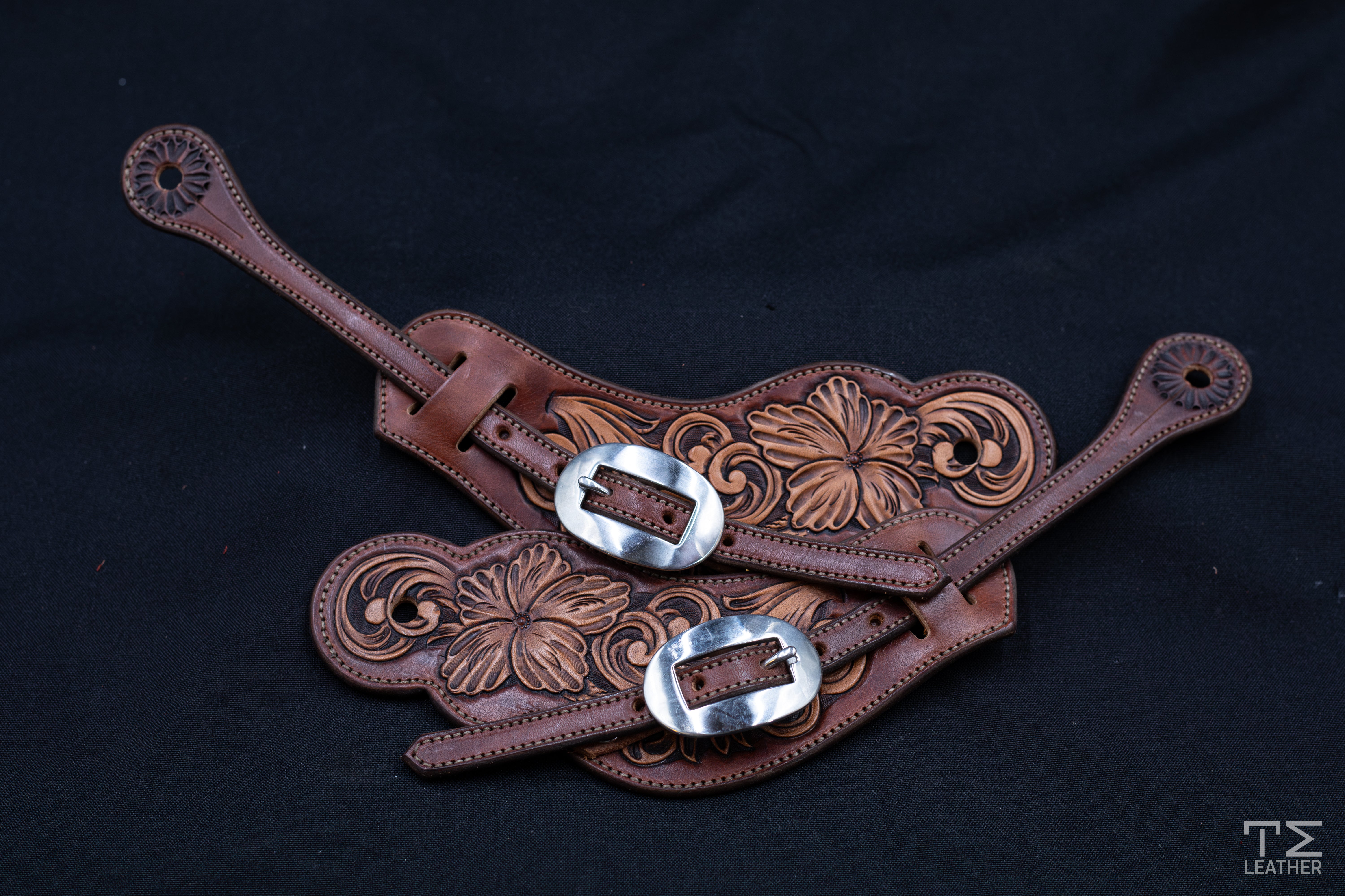 Mahogany, Light Brown, & Chocolate Large Floral Spur Straps w/ Plain Oval Buckles