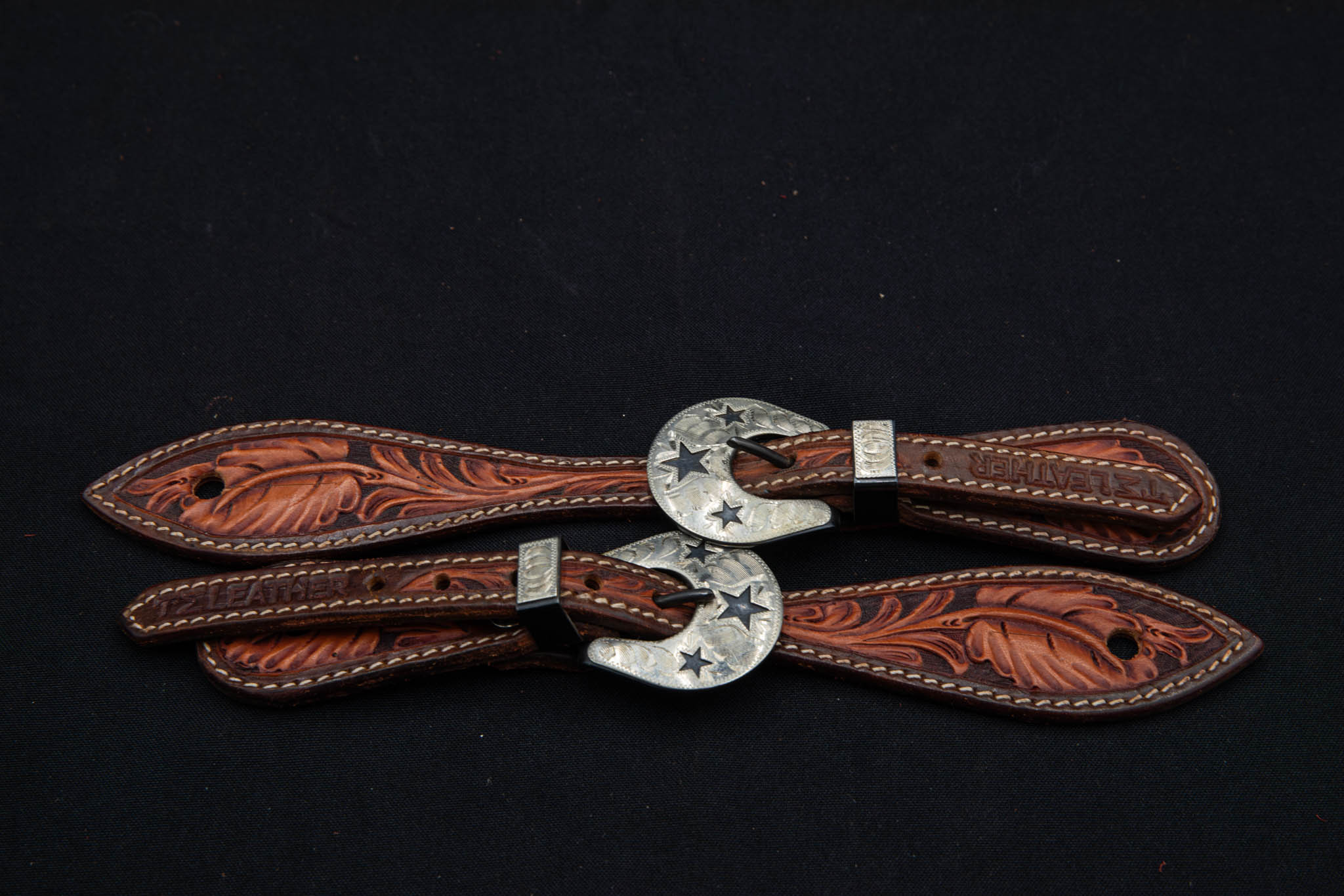 Chocolate & Mahogany Floral Spur Straps w/ Star Buckles
