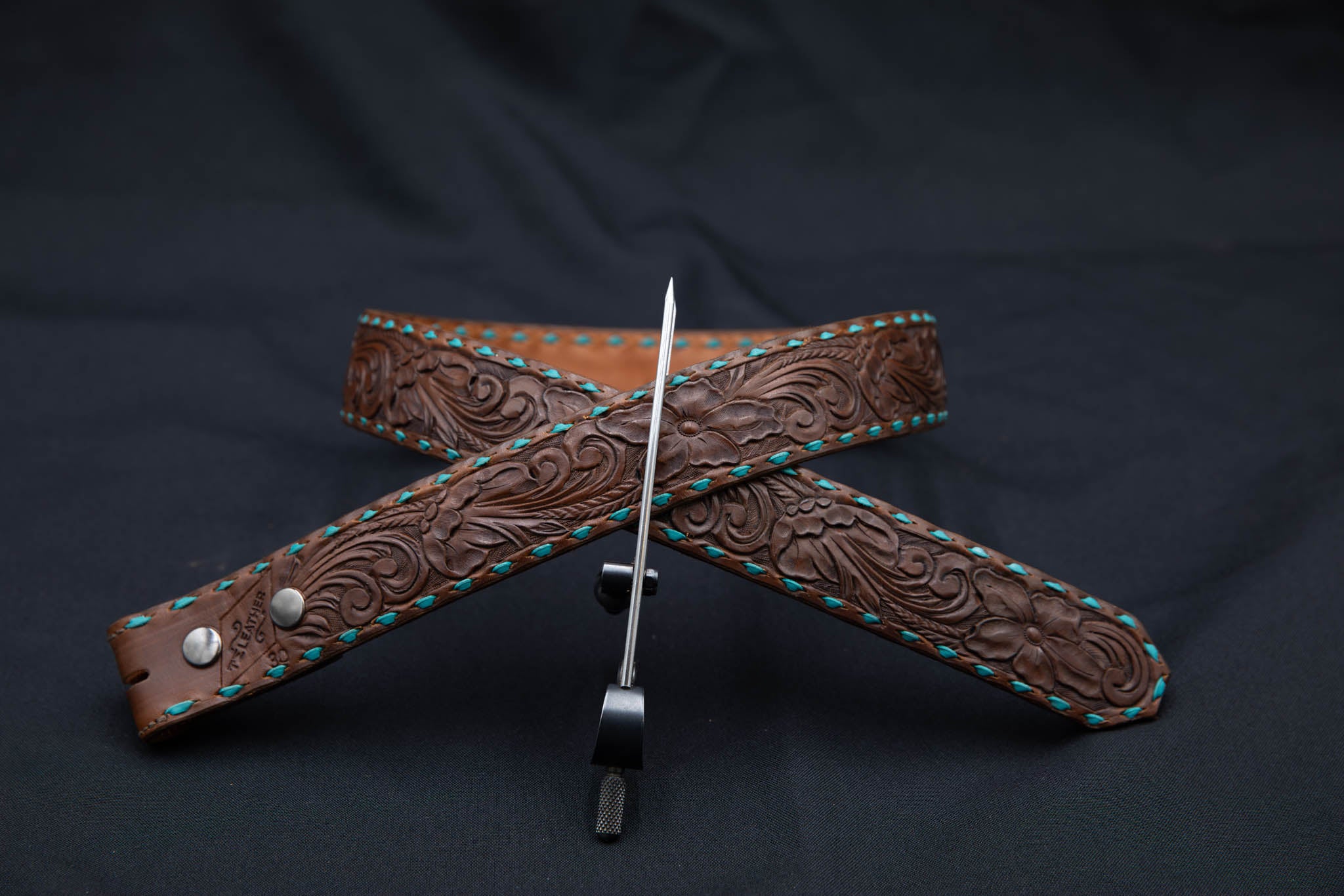 Walnut & Teal Buck-Stitched Teal Mesa Floral Belt