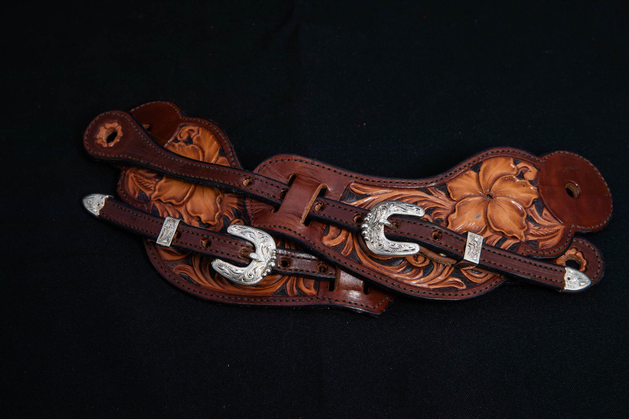 Mahogany, Light Brown, & Black Large Floral Spur Straps w/ Silver Buckles