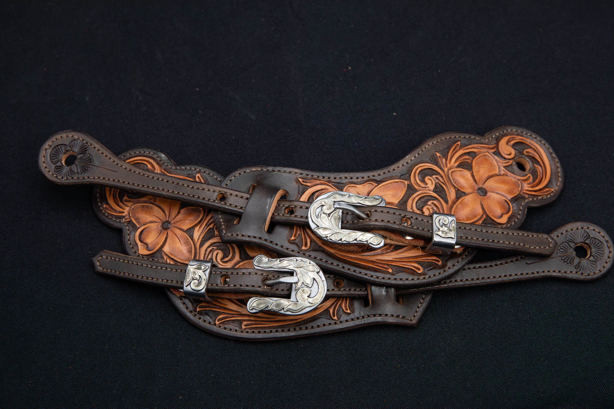 Chocolate & Light Brown Large Floral Spur Straps w/ Tom Palmer Buckles