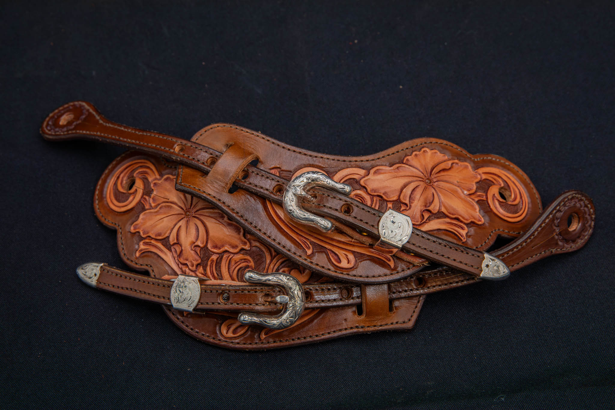 Brown & Light Brown Large Floral Spur Straps w/ Silver Buckles