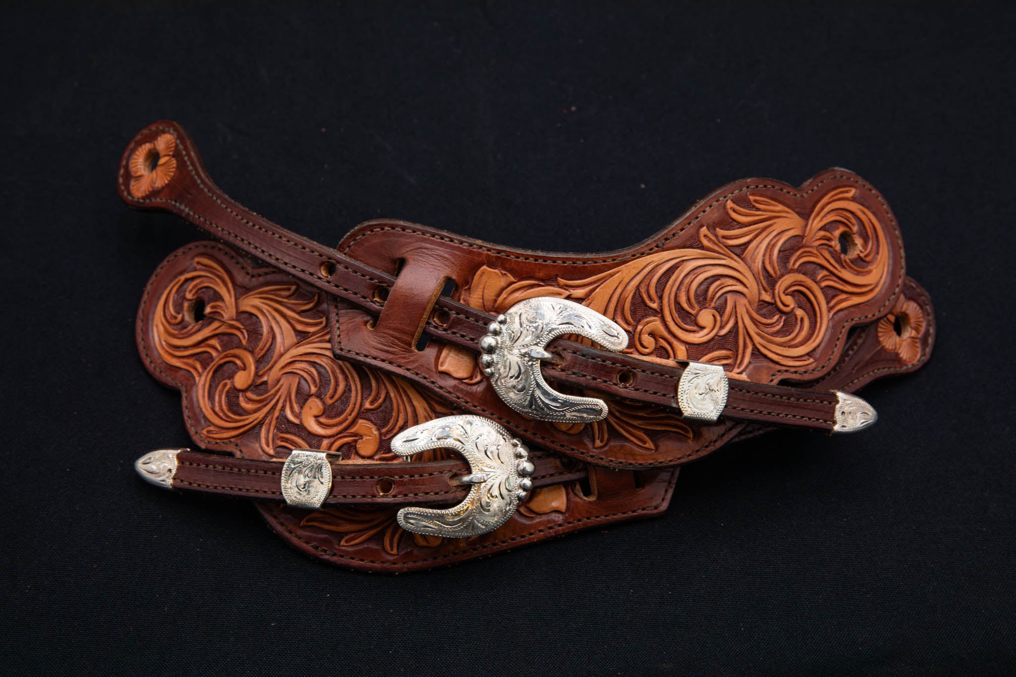 Mahogany & Light Brown Large Floral Spur Straps w/ Silver Buckles