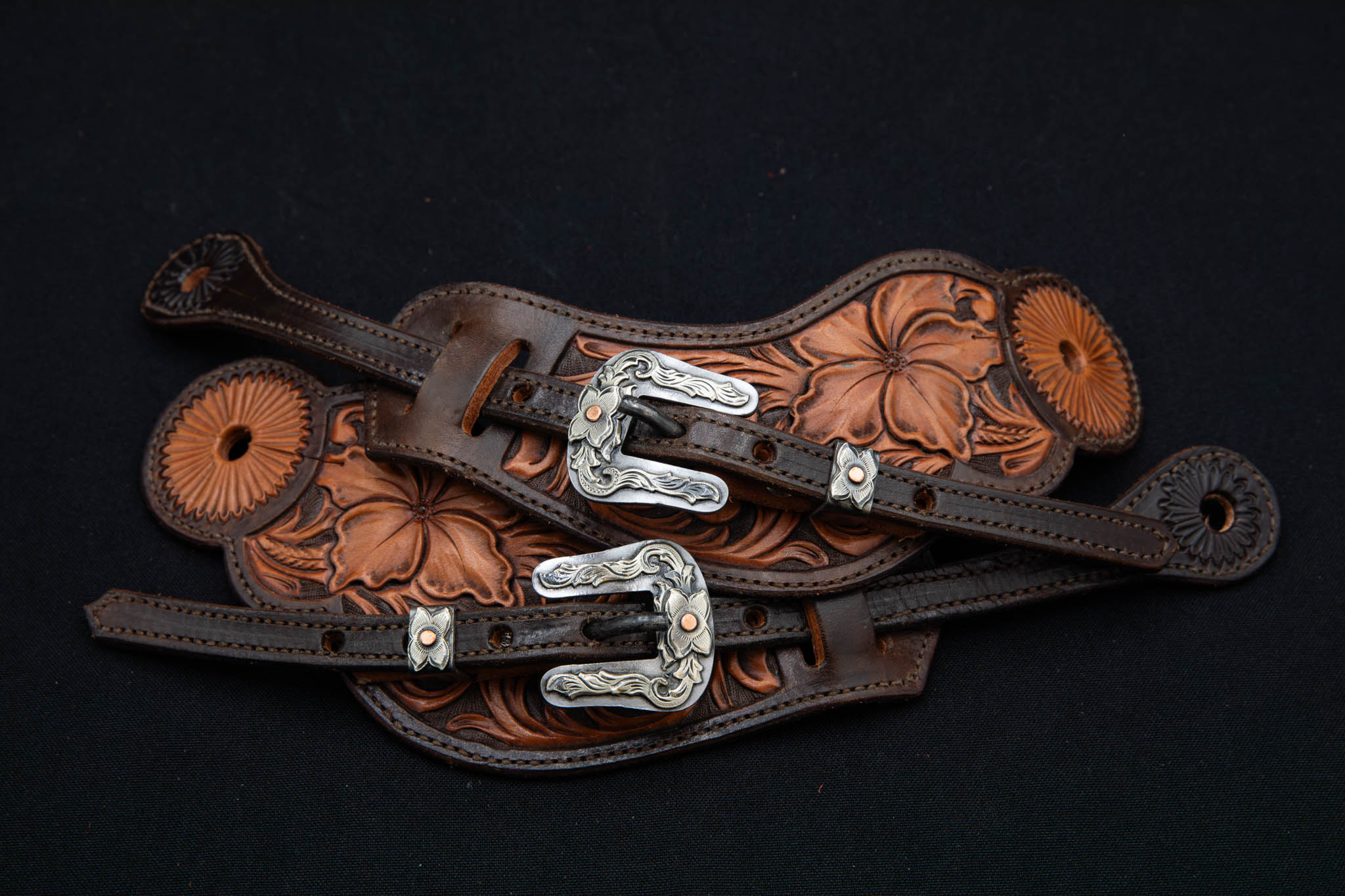 Chocolate & Light Brown Large Floral Spur Straps w/ New Mexico Buckles