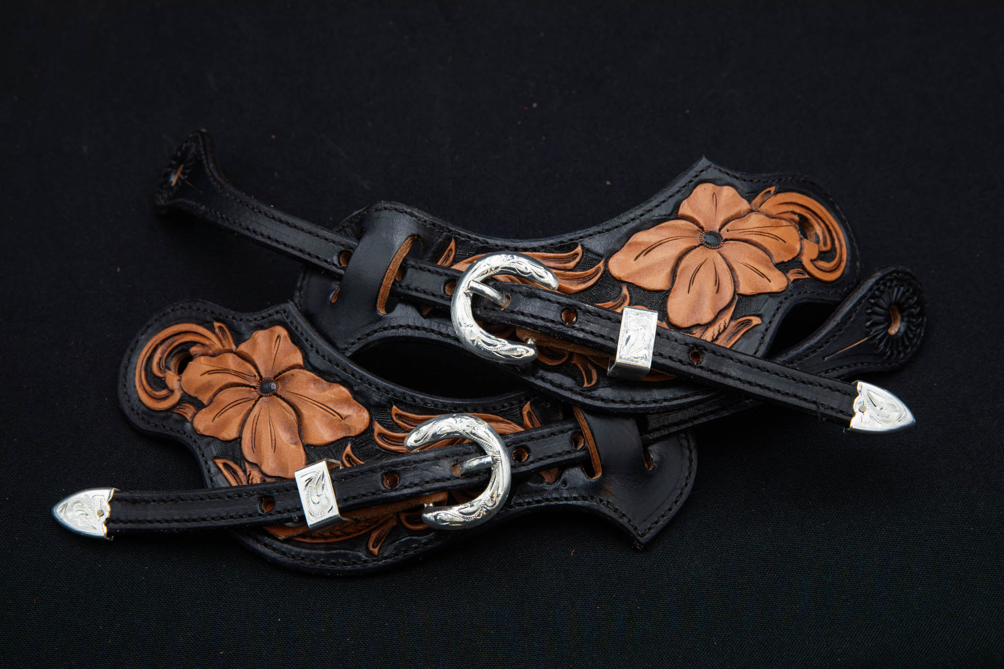 Black & Light Brown Medium Floral Spur Straps w/ Silver Buckles