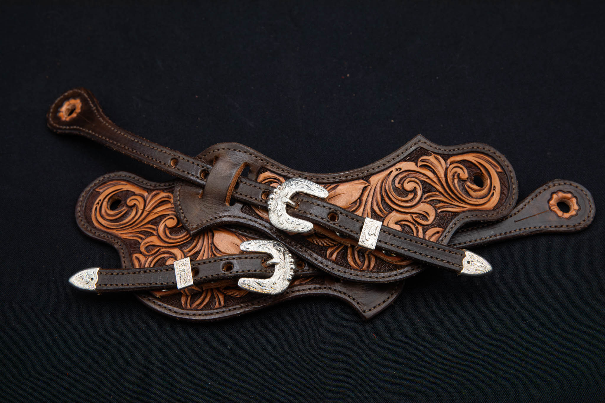 Chocolate & Light Brown Medium Floral Spur Straps w/ Silver Buckles