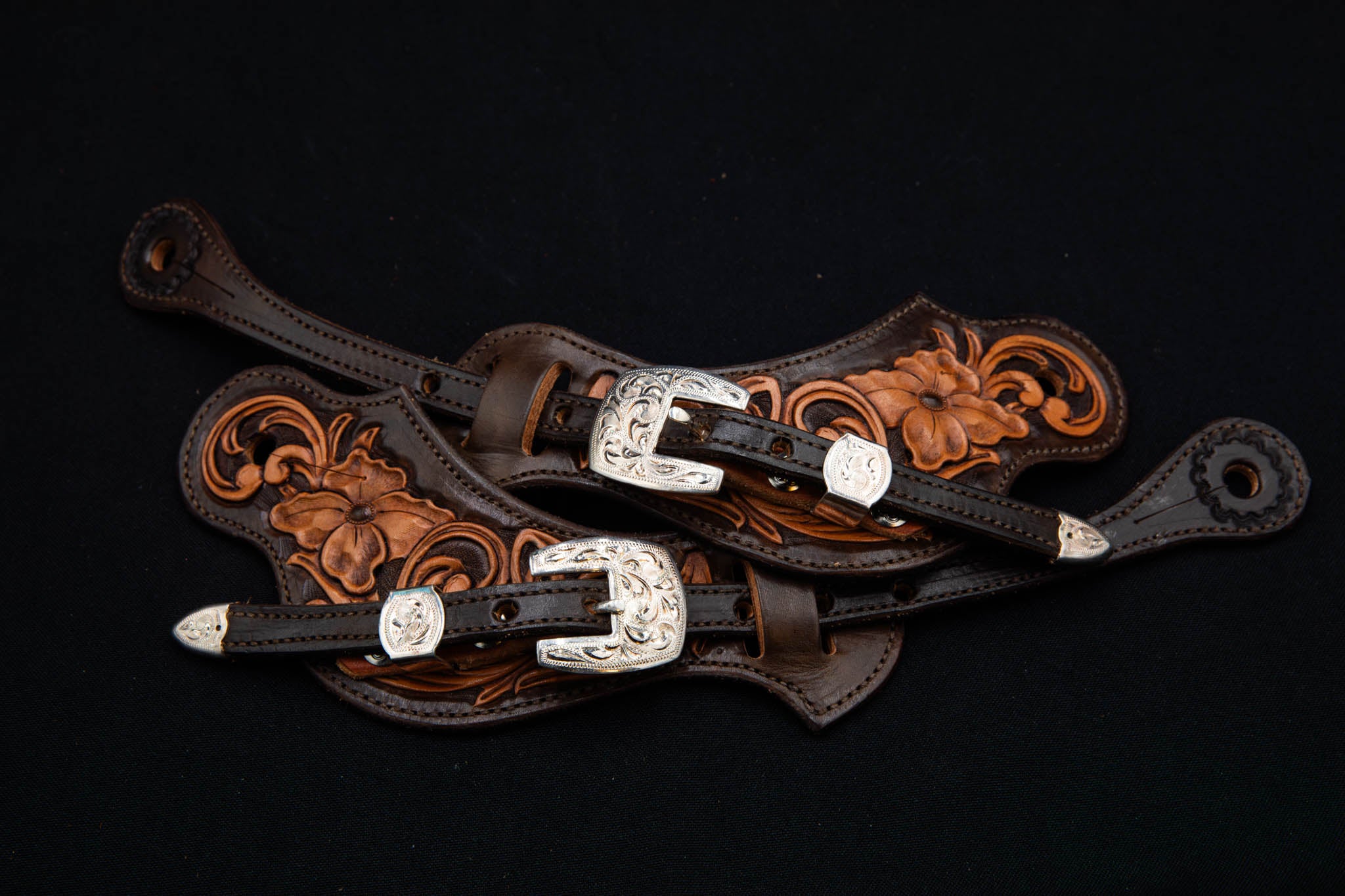 Chocolate & Light Brown Medium Floral Spur Straps w/ Silver Buckles