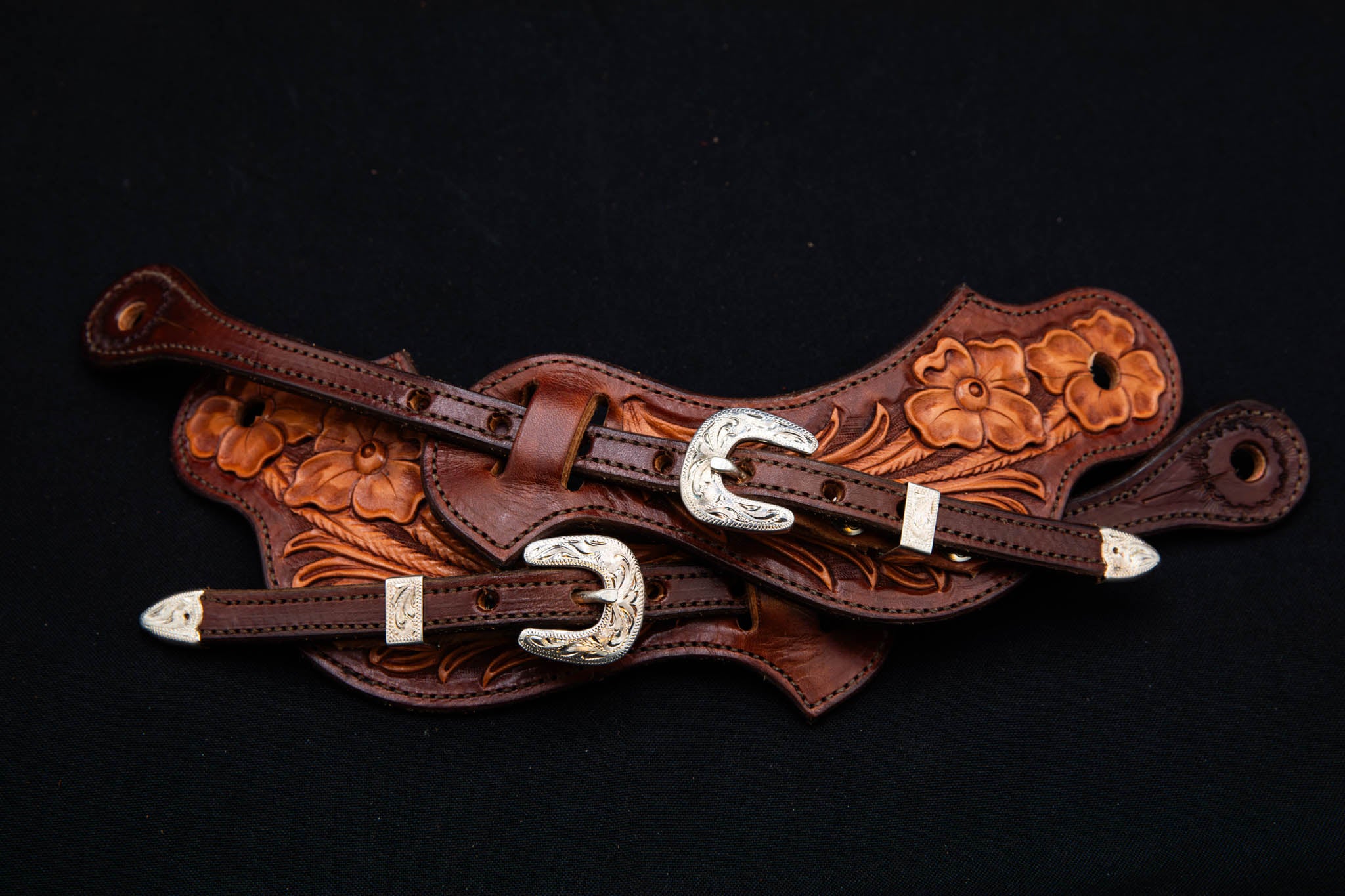 Mahogany & Light Brown Medium Floral Spur Straps w/ Silver Buckles