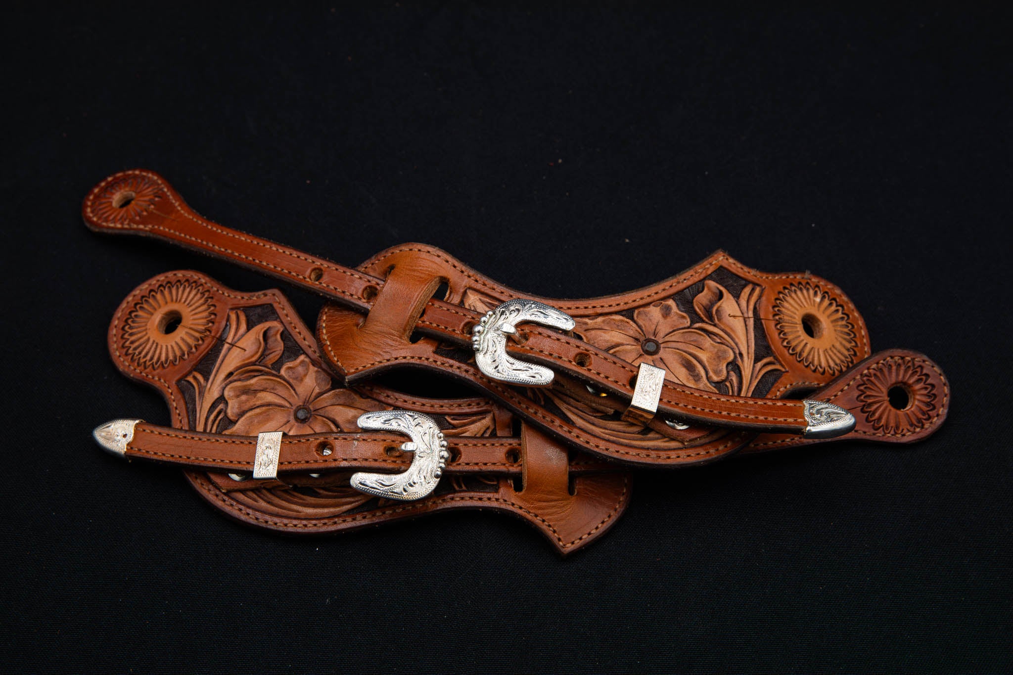 Saddle Tan & Chocolate Medium Floral Spur Straps w/ Silver Buckles