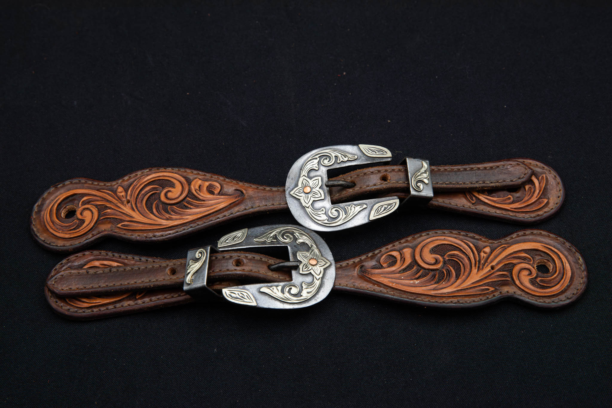 Chocolate & Light Brown Floral Spur Straps w/ Vegas Buckles