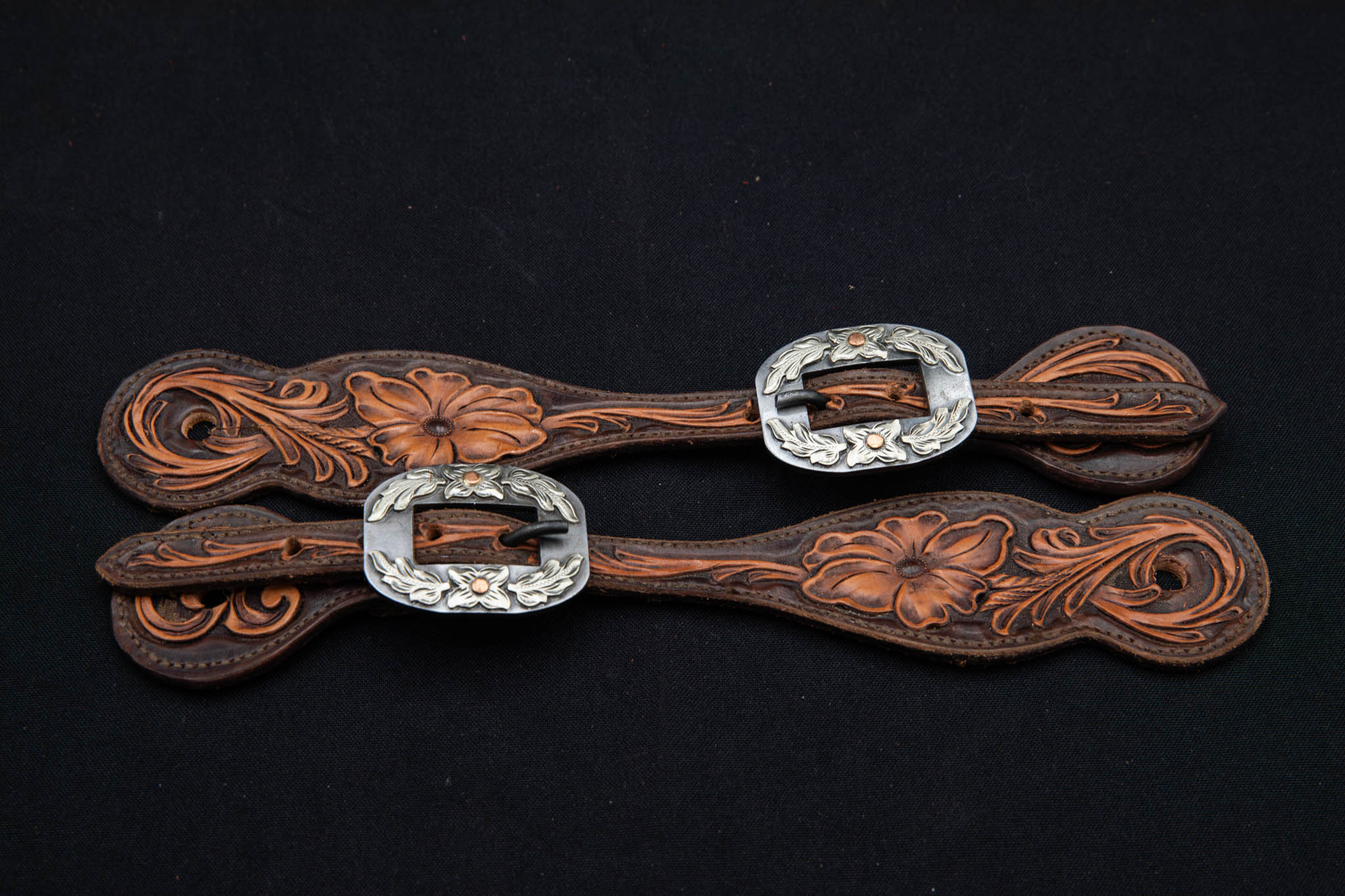 Chocolate & Light Brown Floral Spur Straps w/ Texas Buckles