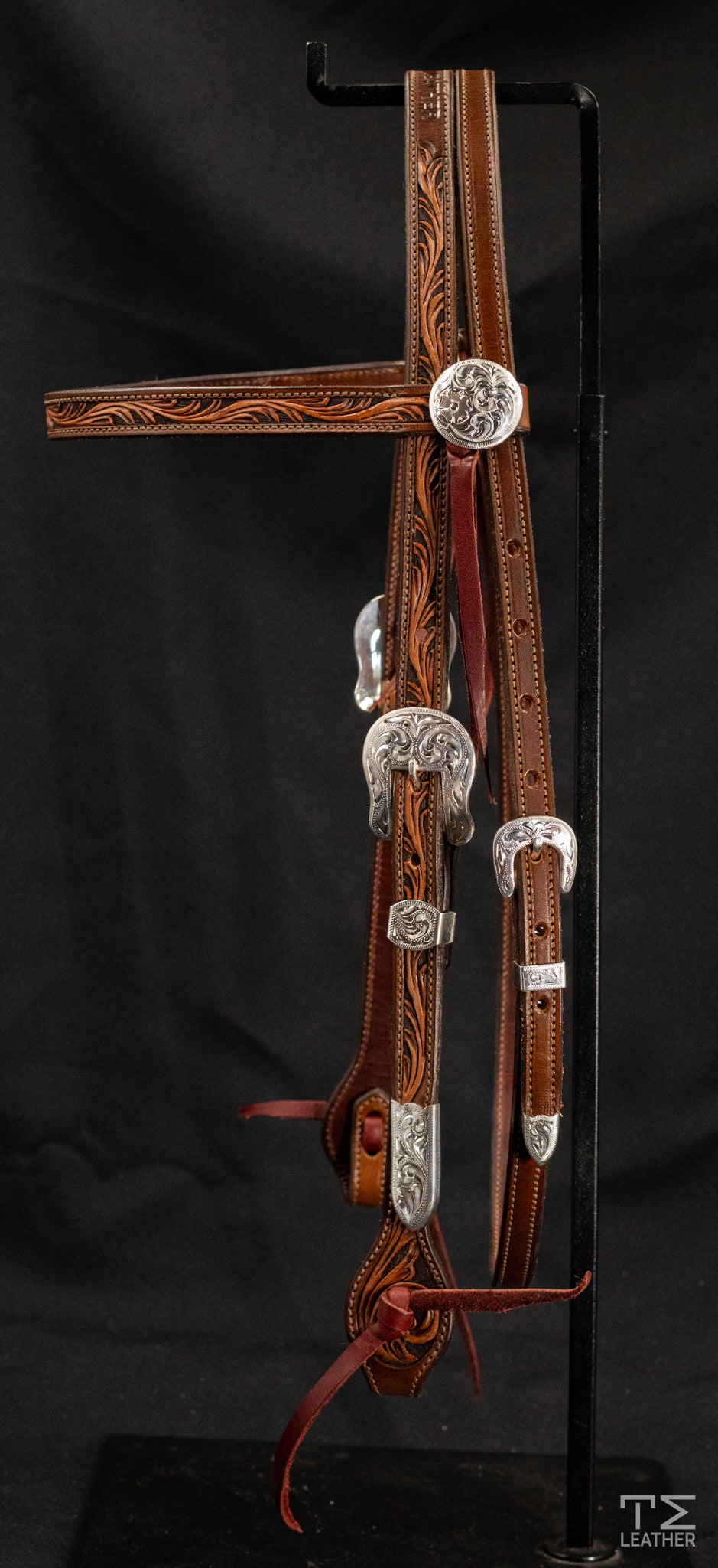 Browband Brown & Light Brown w/ Engraved Silver Plated Hardware w/ Conchos