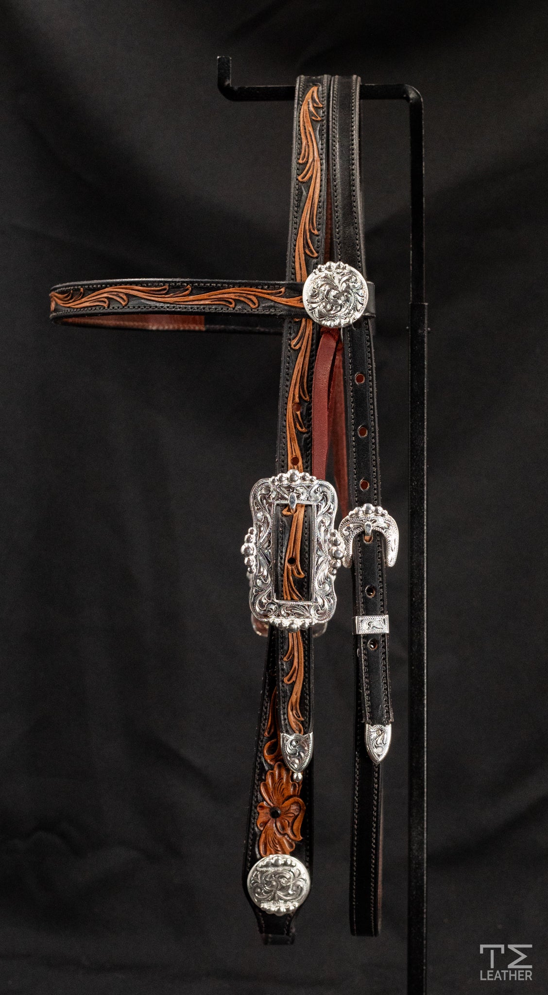 Browband Black & Light Brown Floral w/ Engraved Silver Plated Hardware & Matching Conchos