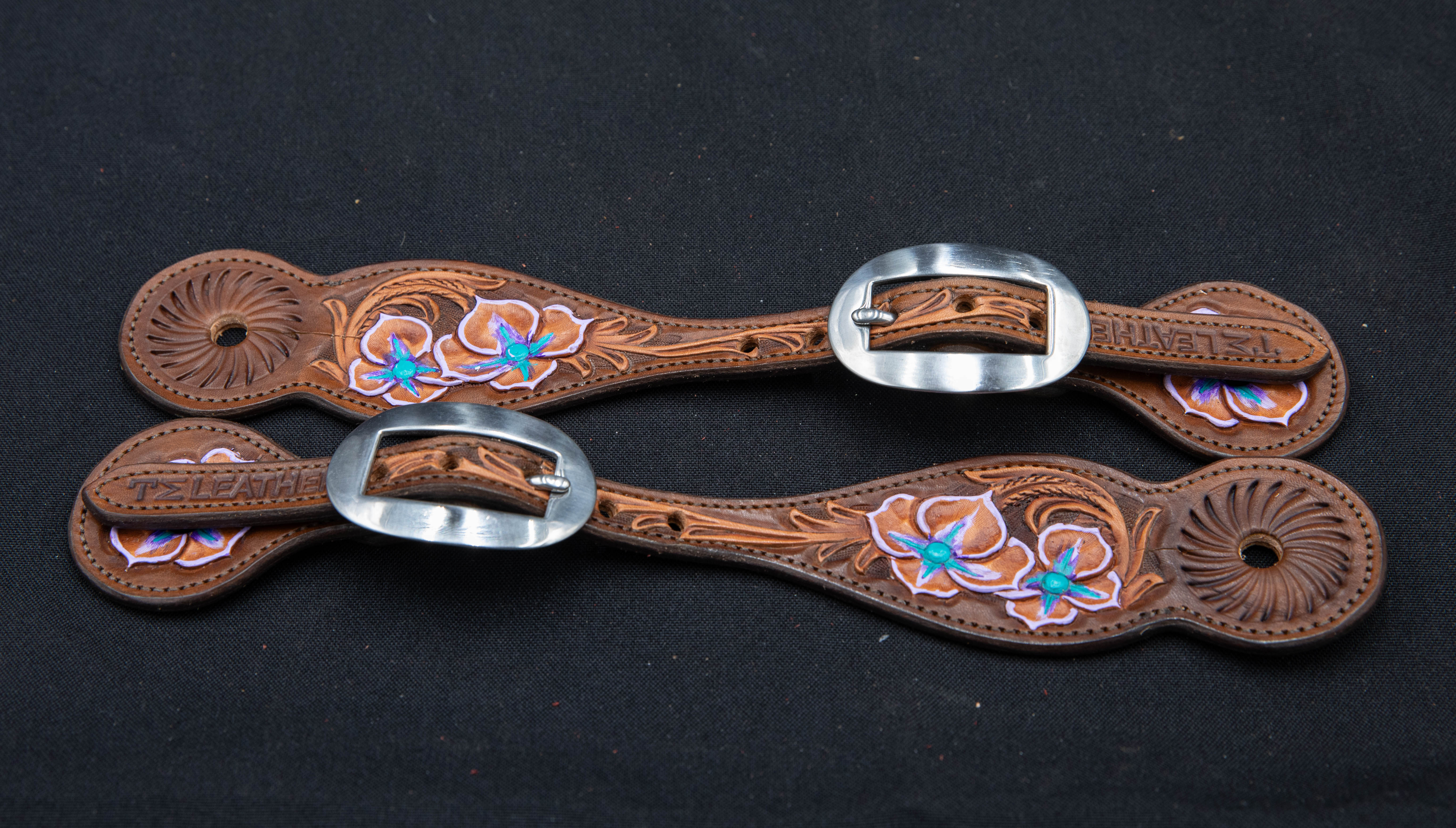 Brown & Light Brown w/ Colored Flowers Spur Straps w/ Plain Buckles