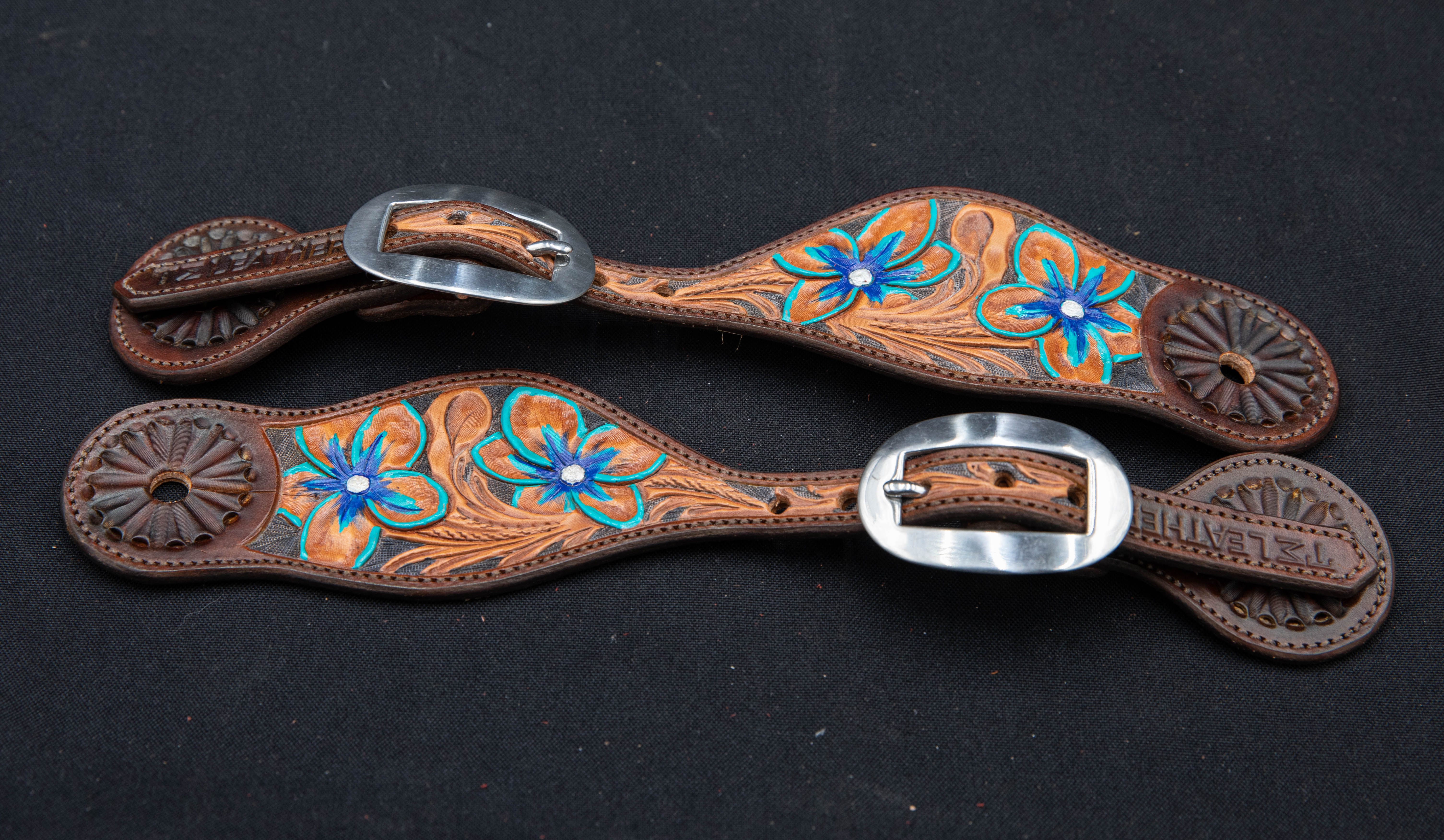 Chocolate & Light Brown w/ Colored Flowers Spur Straps w/ Plain Buckles