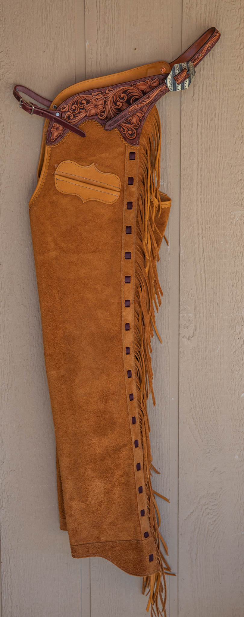 Champagne Roughout Chaps w/ Mahogany & Light Brown Floral Yokes and Pocket