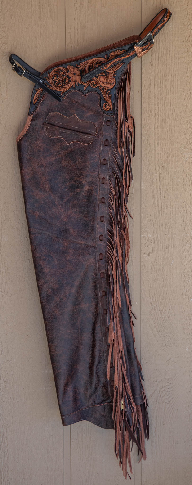 Dark Brown Smooth-out Chaps w/ Black & Light Brown Floral Yokes and Pocket