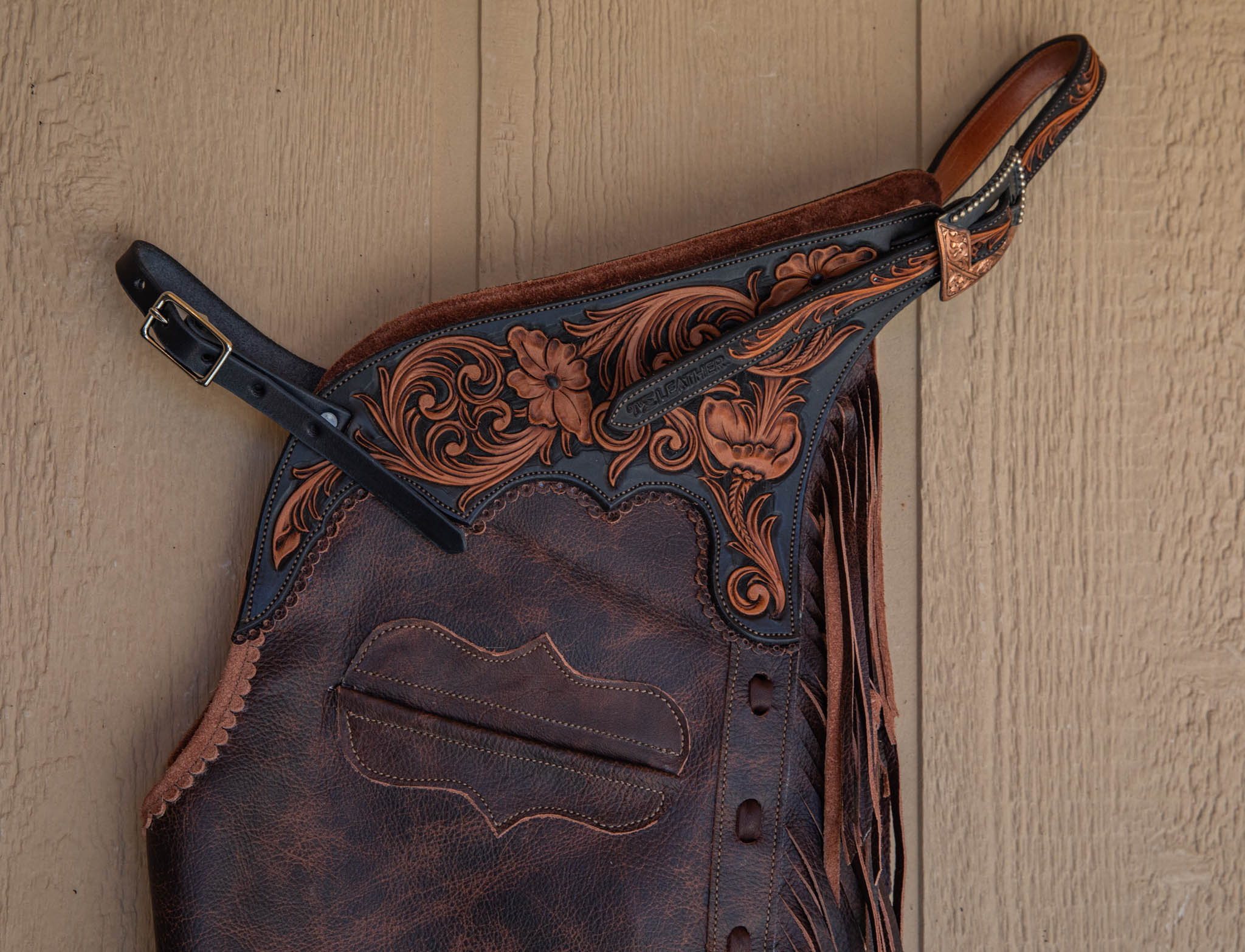 Dark Brown Smooth-out Chaps w/ Black & Light Brown Floral Yokes and Pocket