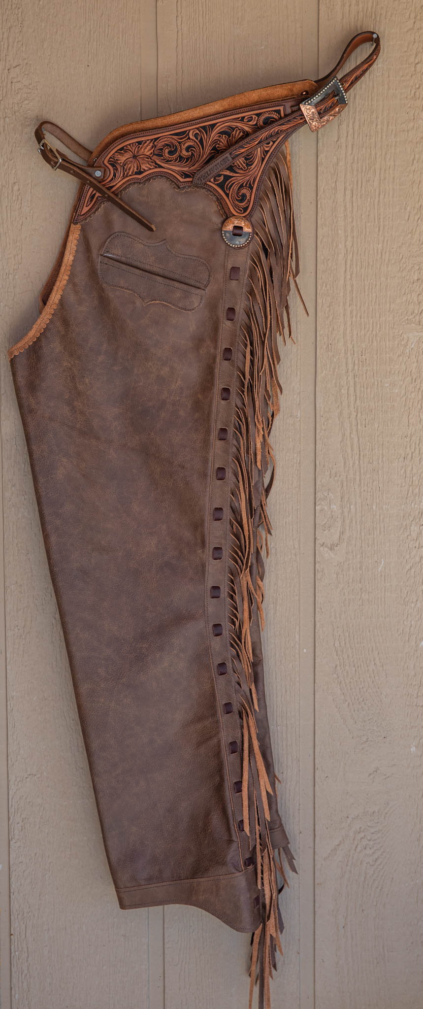 Rum Smooth-out Chaps w/ Black, Walnut & Light Brown Floral Yokes and Pocket