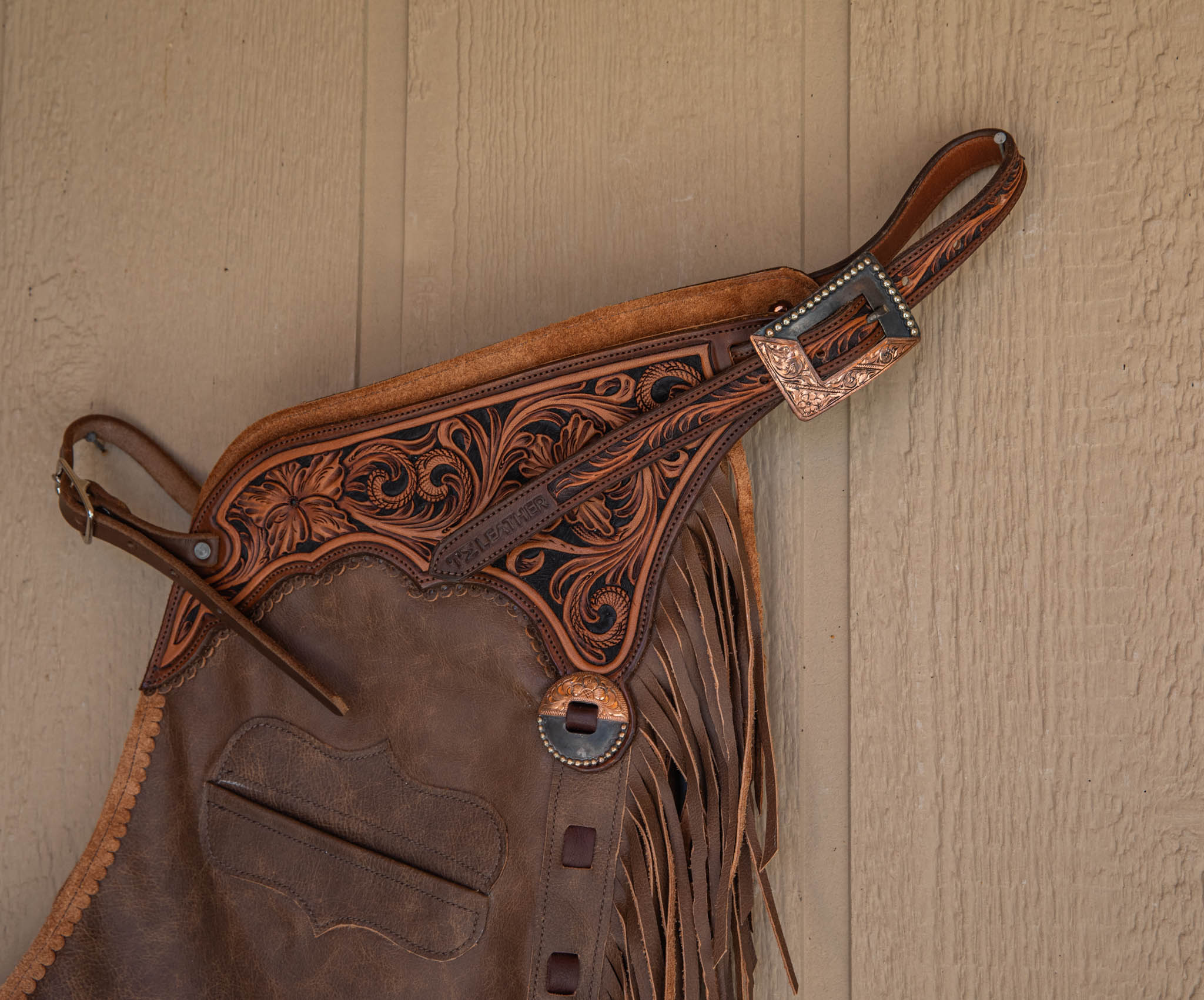 Rum Smooth-out Chaps w/ Black, Walnut & Light Brown Floral Yokes and Pocket